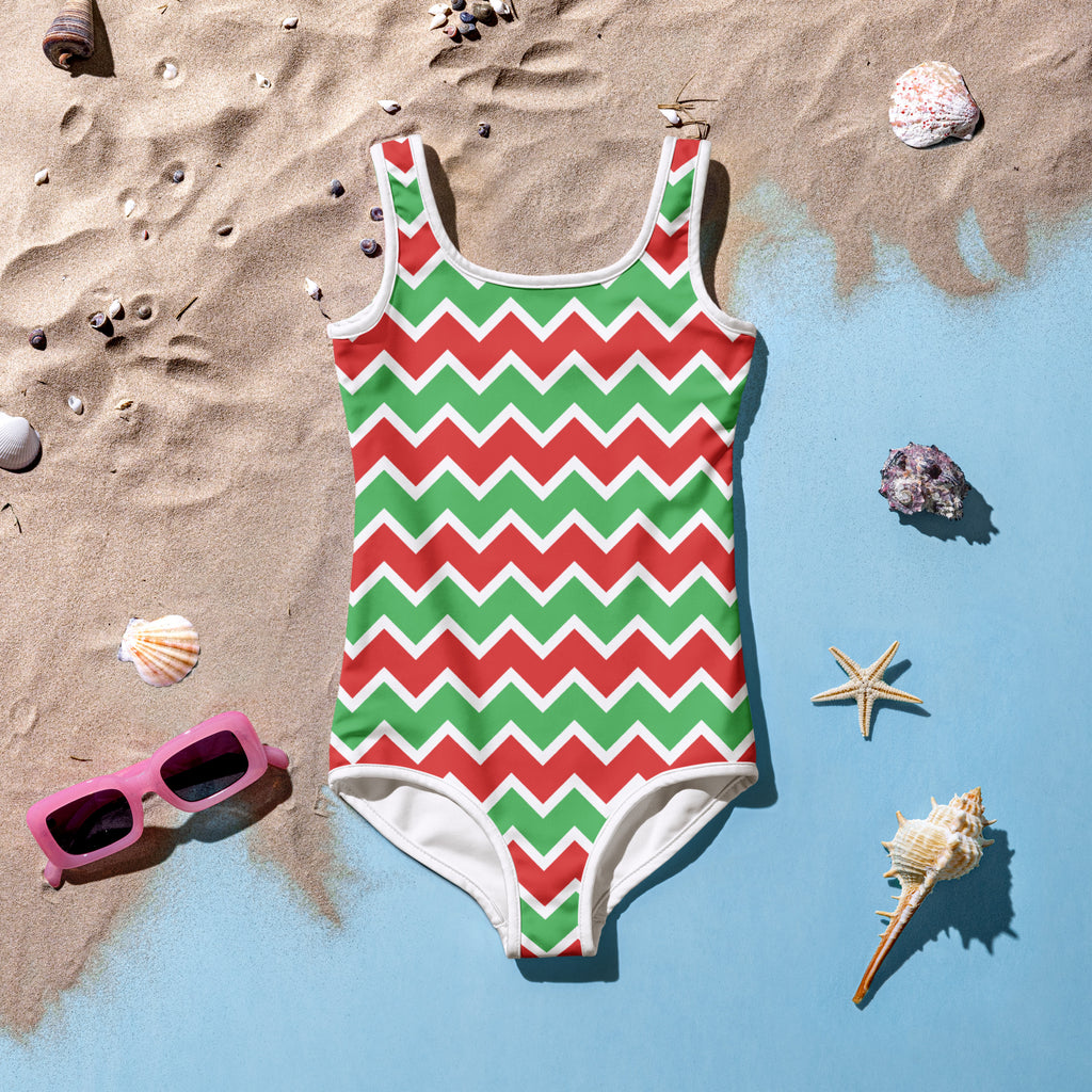 Girls chevron christmas buttery soft one-piece swimsuit with vibrant red and green pattern white trim and upf 50+ protection