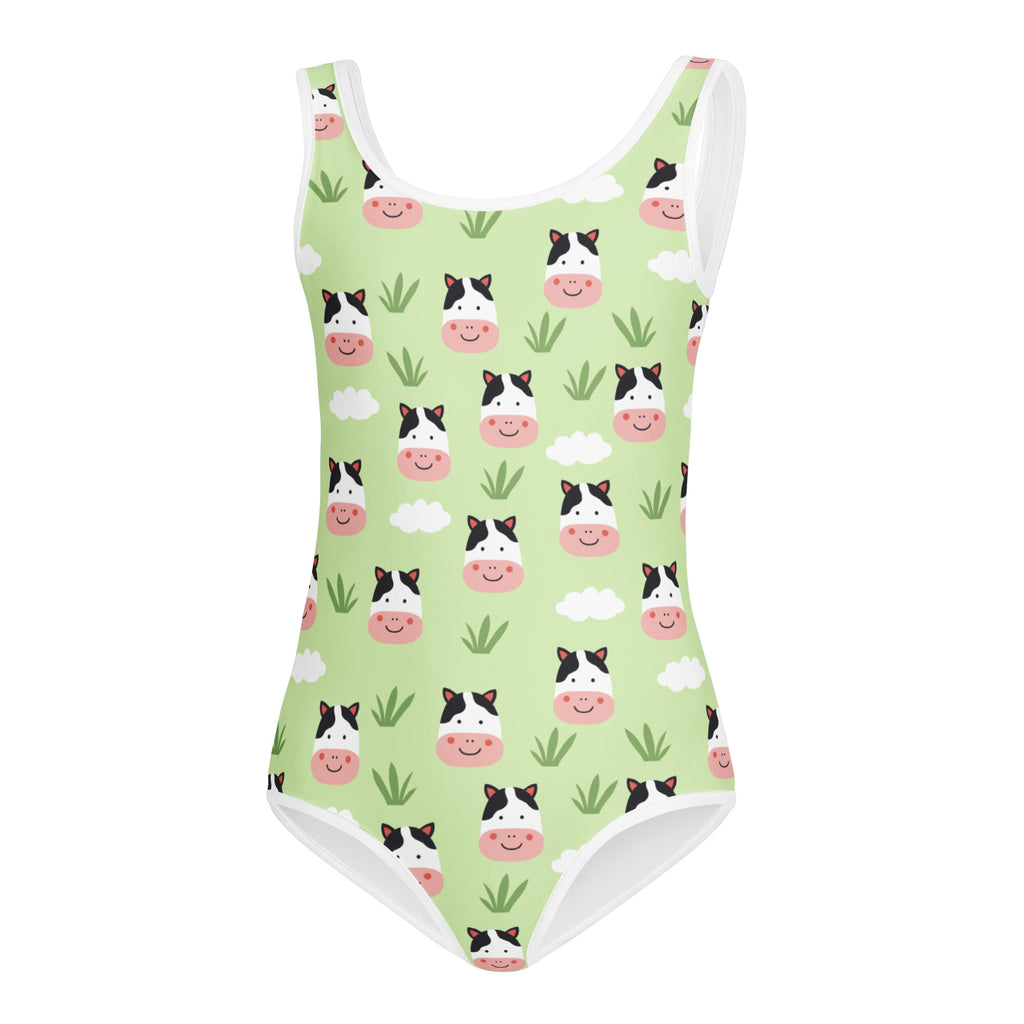 Girls cow print buttery soft leotard quick drying light green with cartoon cow faces and clouds for dance and gymnastics