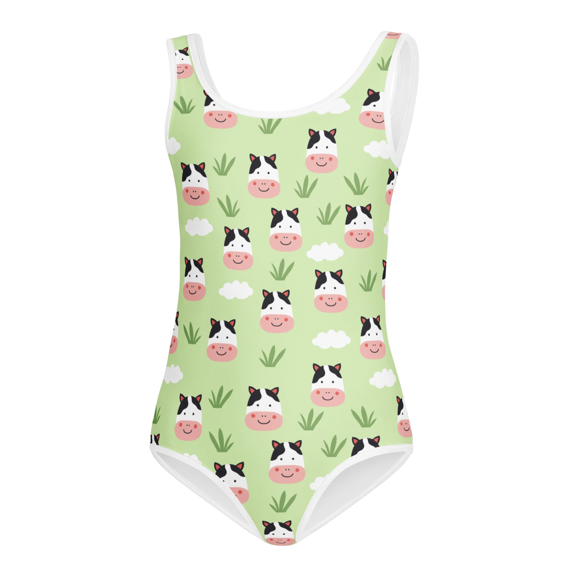 Girls cow print buttery soft leotard quick drying light green with cartoon cow faces and clouds for dance and gymnastics