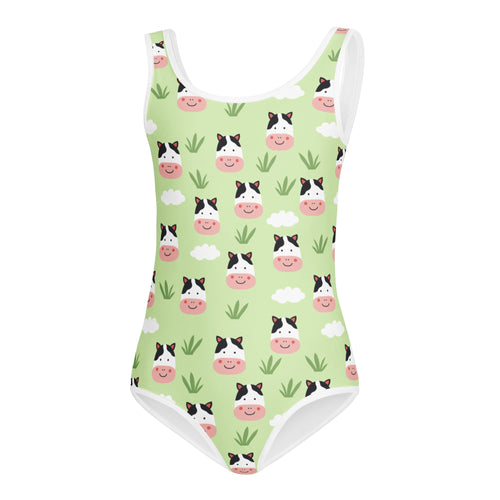 Girls cow print buttery soft leotard quick drying light green with cartoon cow faces and clouds for dance and gymnastics