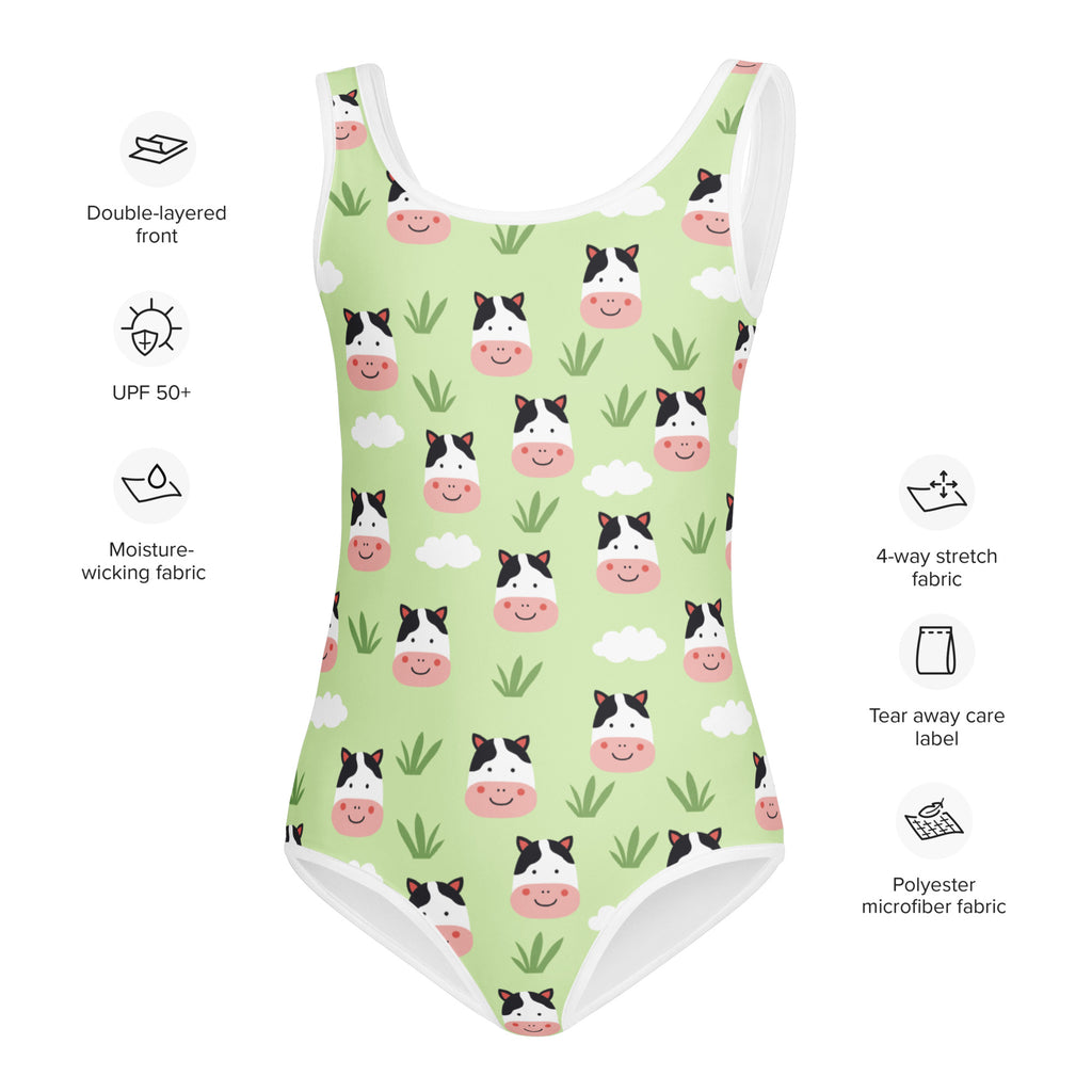 Girls green one-piece swimsuit with smiling cow print on moisture-wicking polyester microfiber fabric and UPF 50+