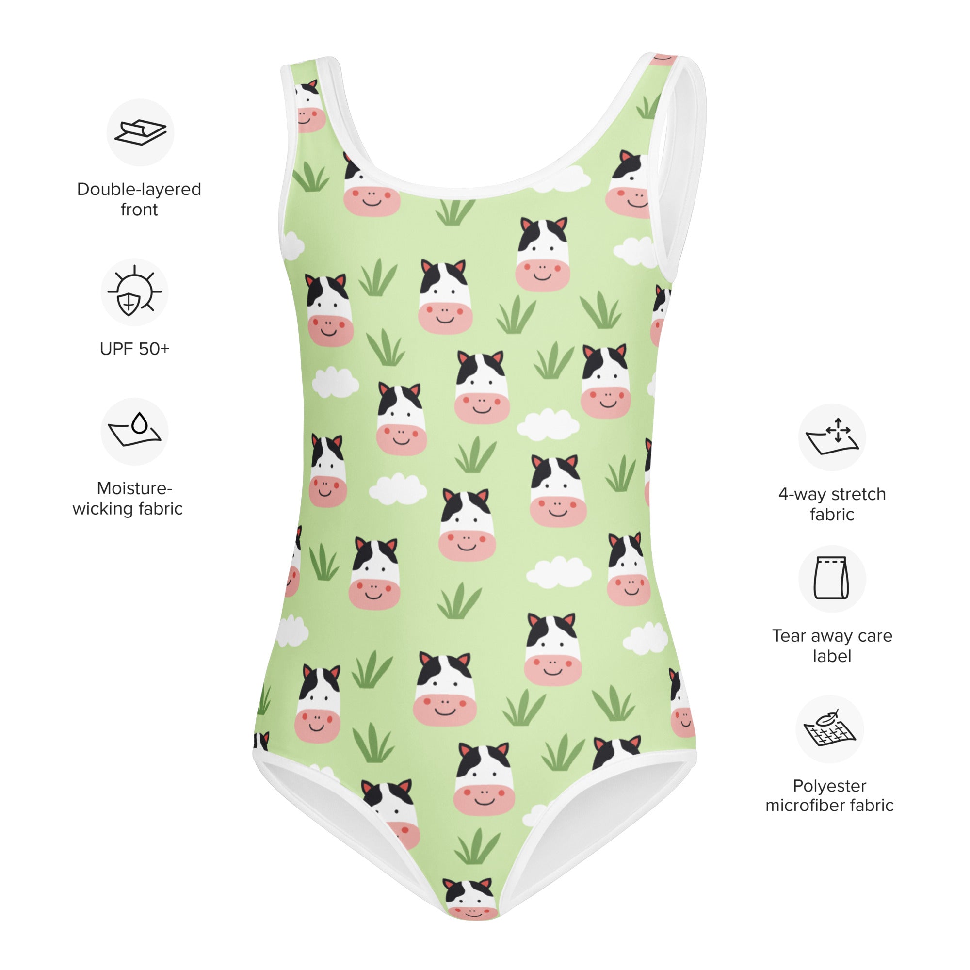 Girls green one-piece swimsuit with smiling cow print on moisture-wicking polyester microfiber fabric and UPF 50+
