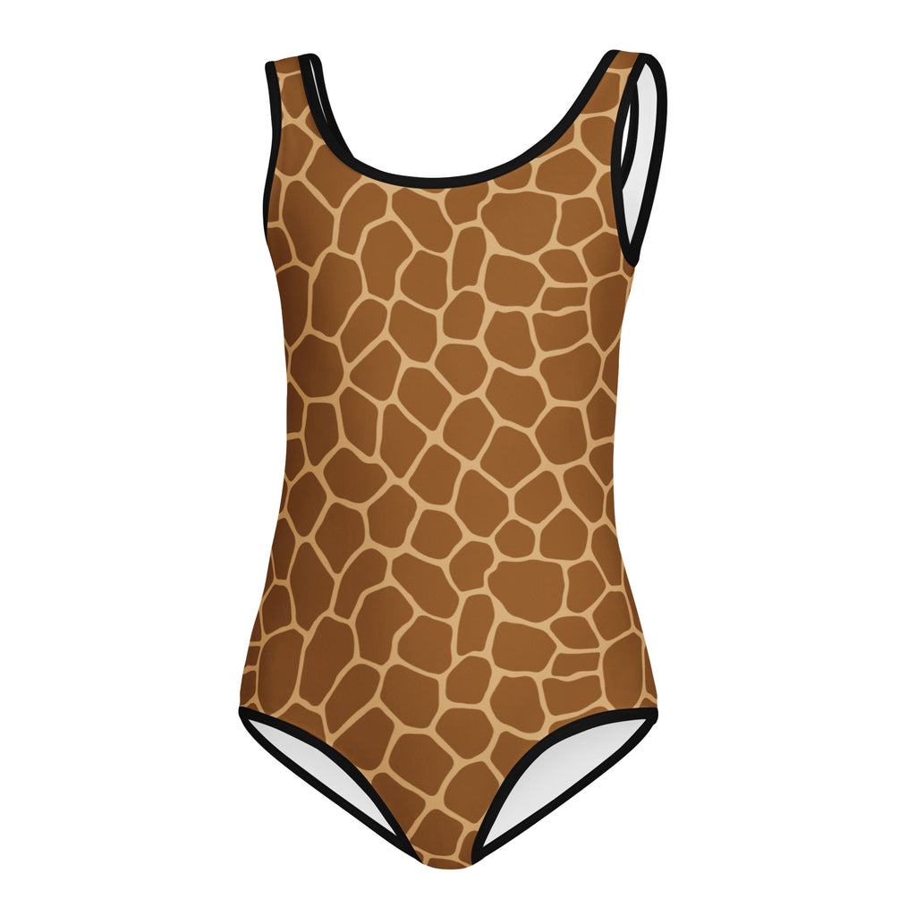 Girls giraffe print buttery soft one-piece swimsuit in brown and tan with black trim, quick drying for dance and gymnastics