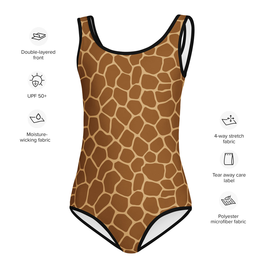 Girls giraffe print one-piece swimsuit with black trim and double-layered moisture-wicking polyester fabric