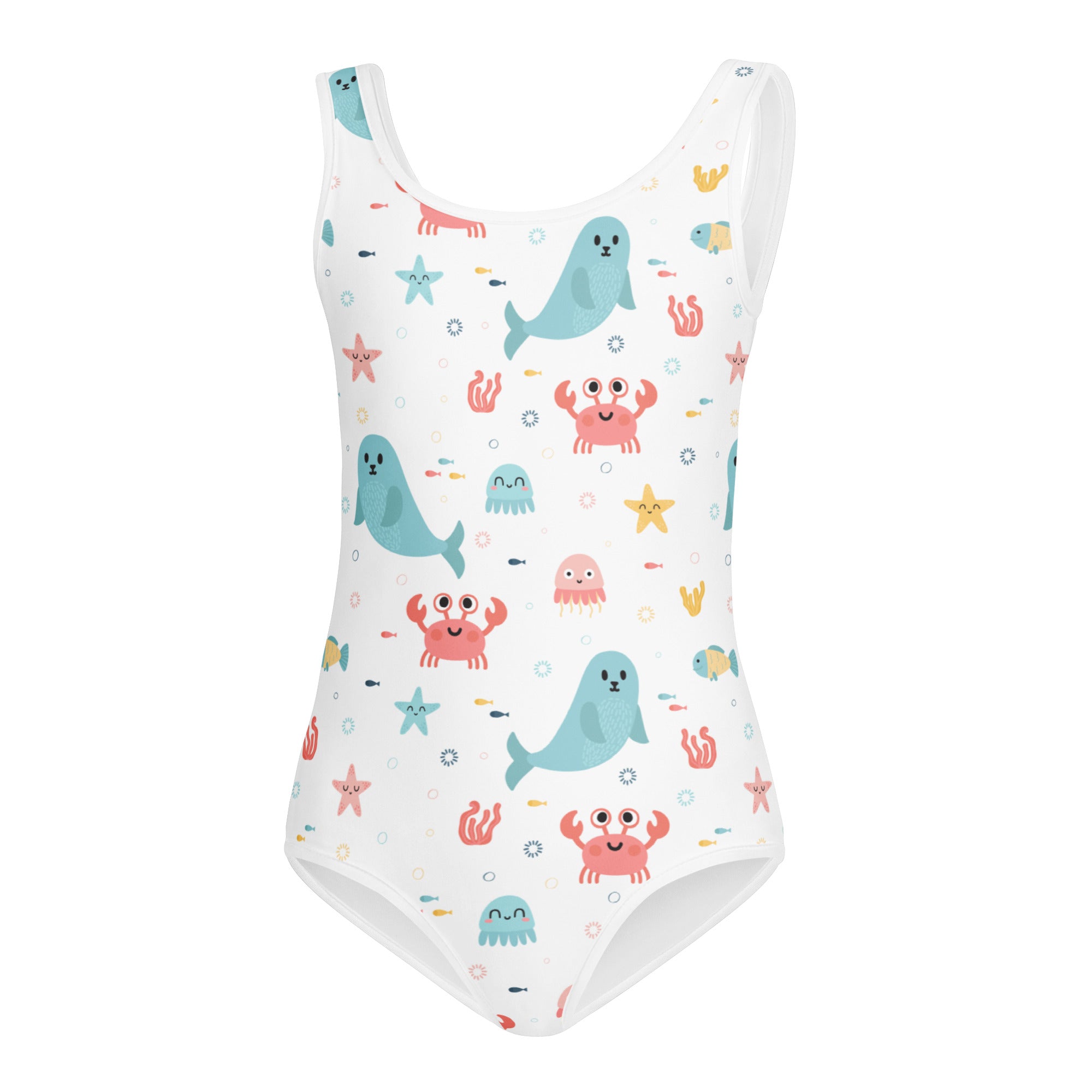 White one-piece swimsuit with blue seals pink crabs and starfish pattern buttery soft quick drying for girls ocean animals