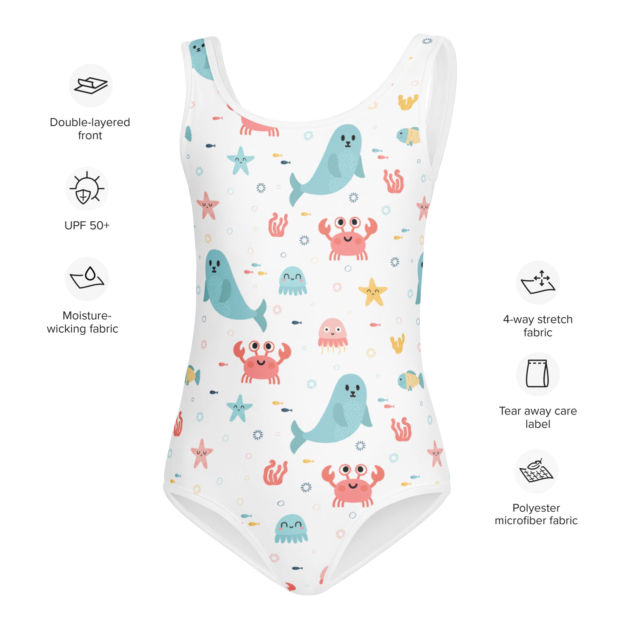 White one-piece girls sea animal swimsuit with playful blue seals and pink crabs on buttery soft microfiber fabric