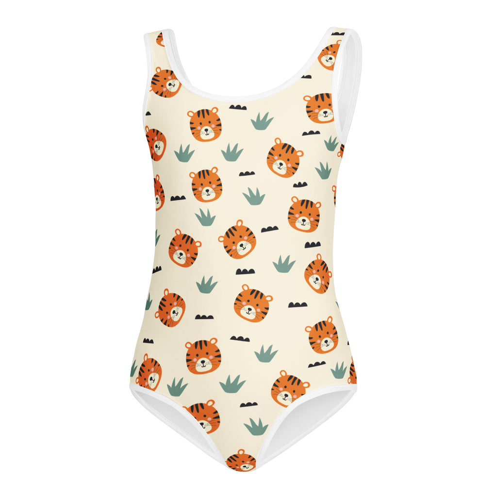 Cream-colored girls tiger print buttery soft leotard with orange tiger faces and green cactus for dance and gymnastics