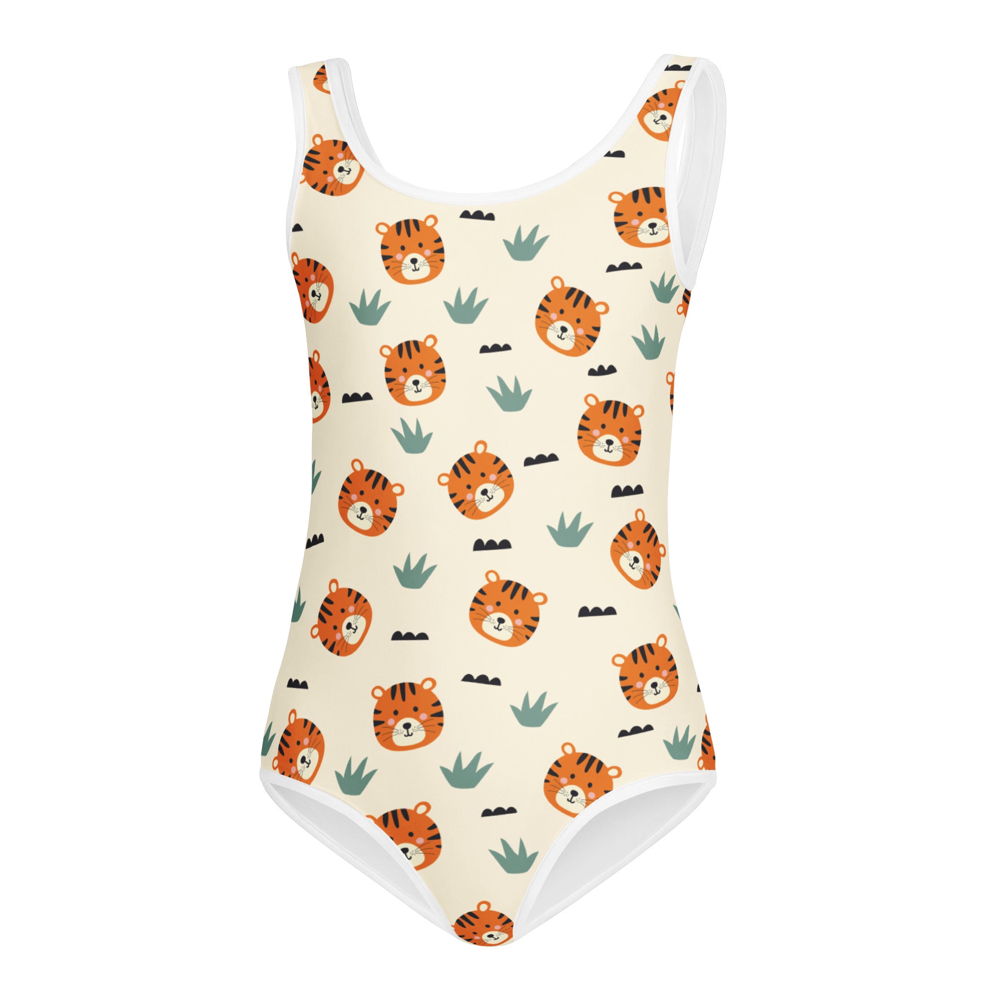 Cream-colored girls tiger print buttery soft leotard with orange tiger faces and green cactus for dance and gymnastics