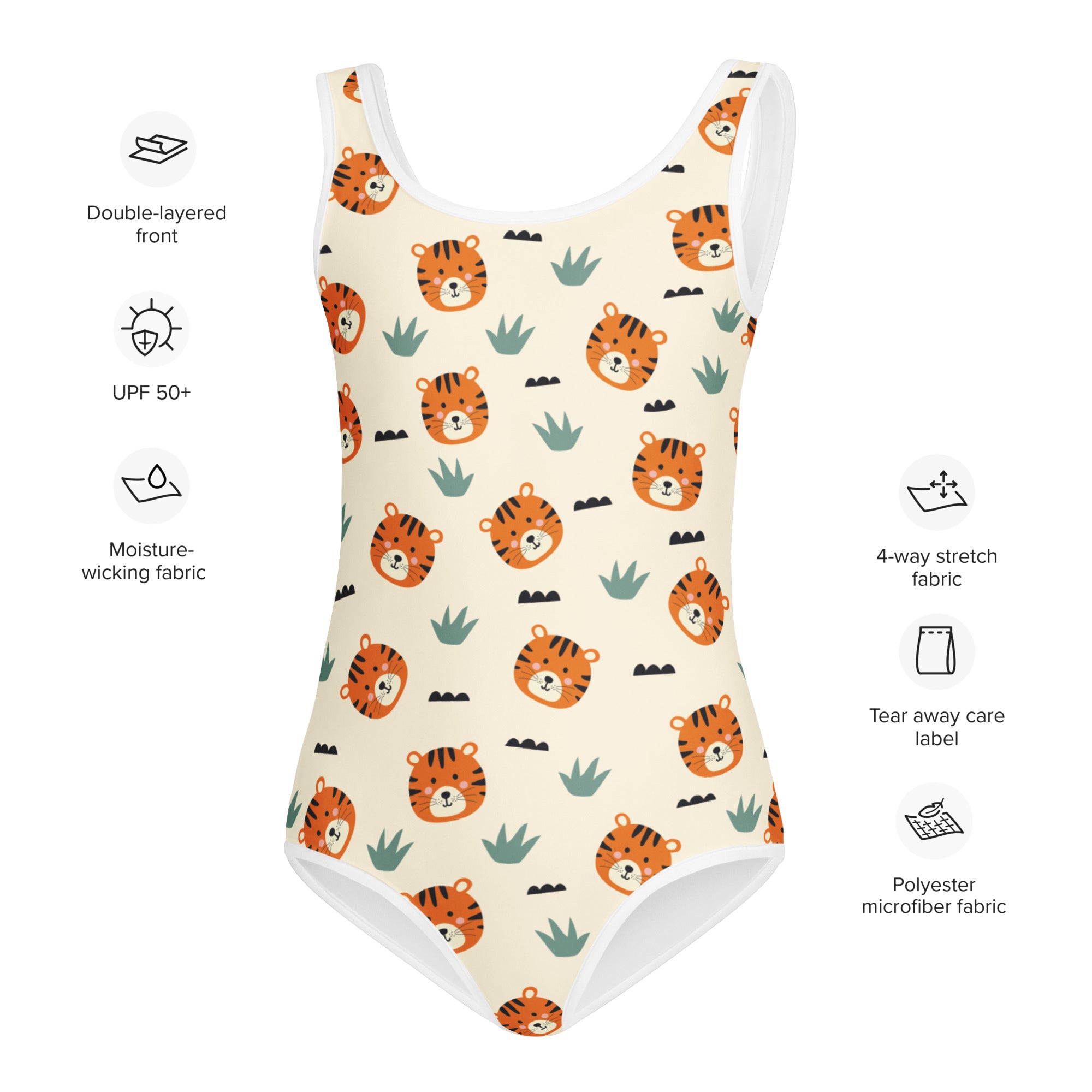 Cream-colored girls one-piece swimsuit with orange tiger faces and green plants made of buttery soft polyester microfiber with UPF 50+
