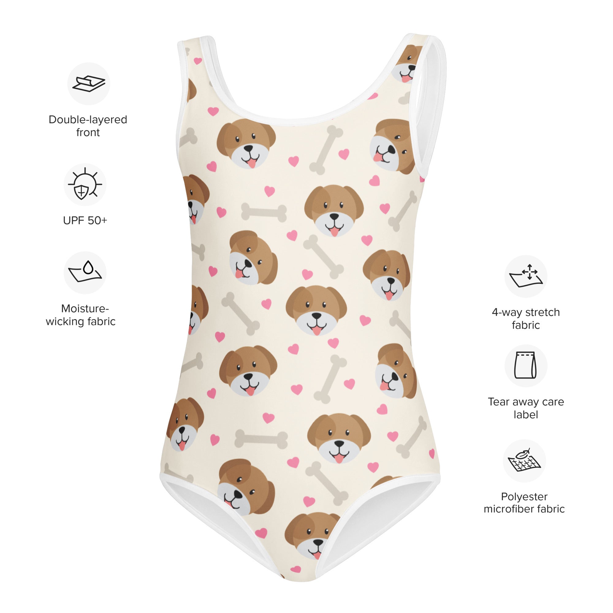 Girls Hearts and Puppies Buttery Soft Swimsuit With UPF 50+