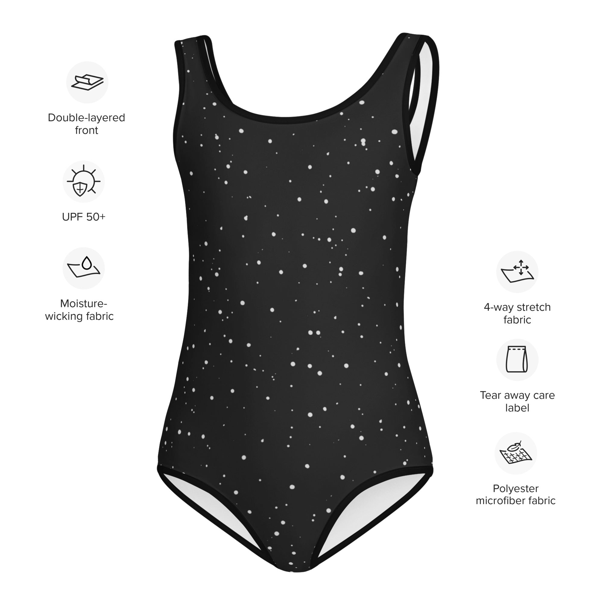 Girls snowfall buttery soft black one-piece swimsuit with white star speckles double-layered front and upf 50+ protection