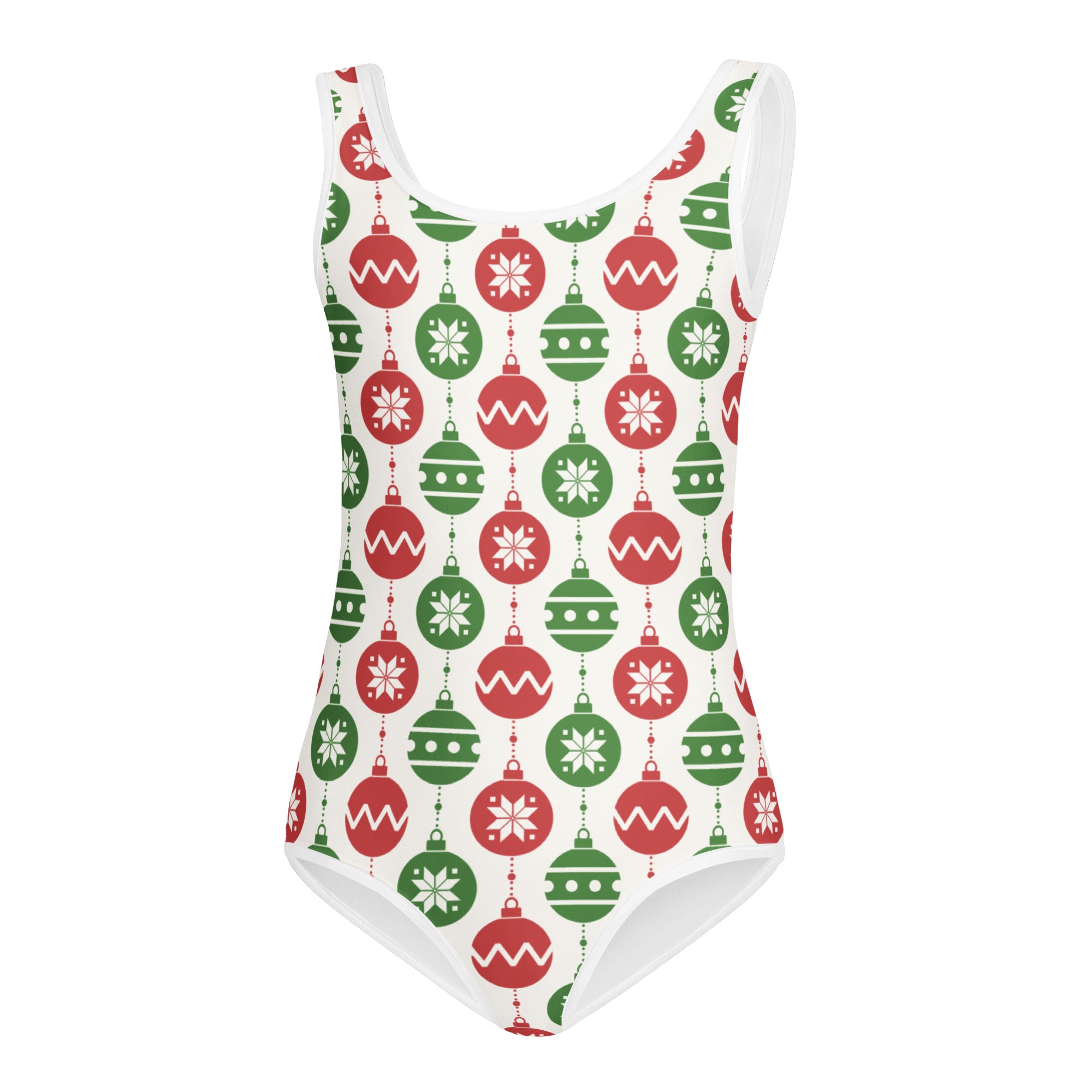 A festive white girls christmas ornament buttery soft one-piece swimsuit with red and green decorations for dance and gymnastics