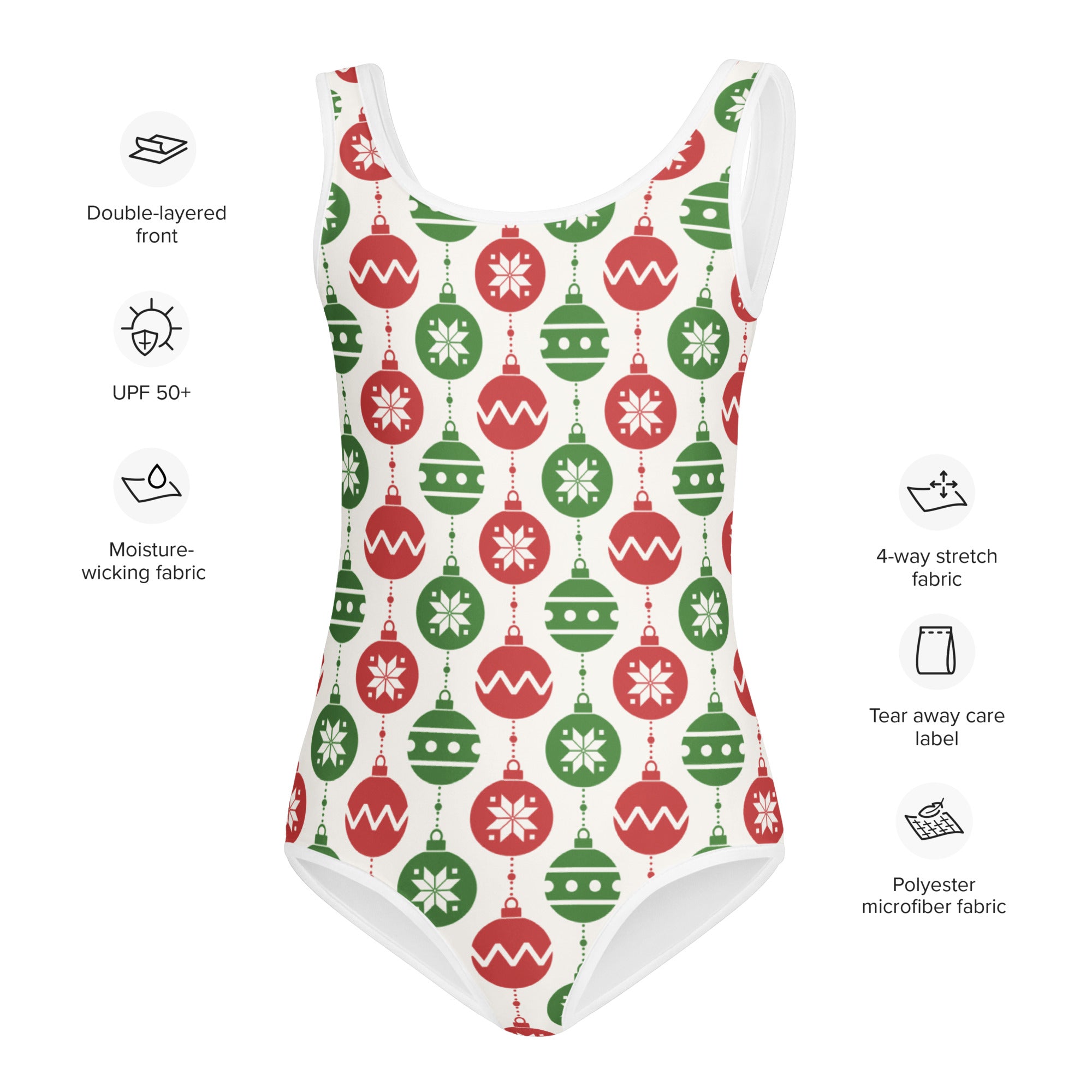 Girls christmas ornament buttery soft one-piece leotard with red and green ornaments on white polyester microfiber