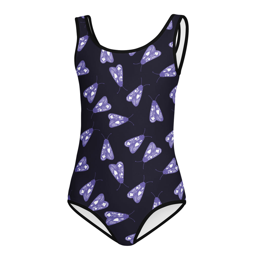 A navy blue girls one-piece swimsuit with purple moth pattern and black trim quick drying for dance and gymnastics