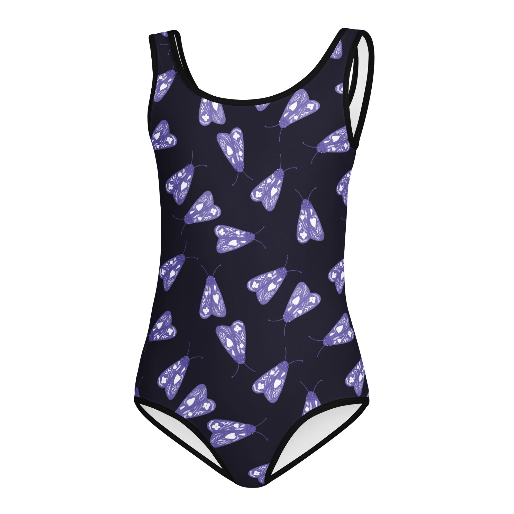 A navy blue girls one-piece swimsuit with purple moth pattern and black trim quick drying for dance and gymnastics