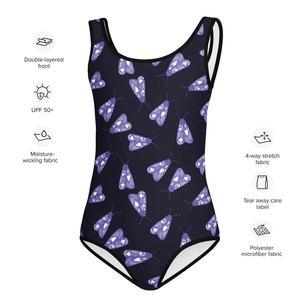 Girls buttery soft navy blue one-piece swimsuit with purple moth pattern black trim and upf 50+ protection