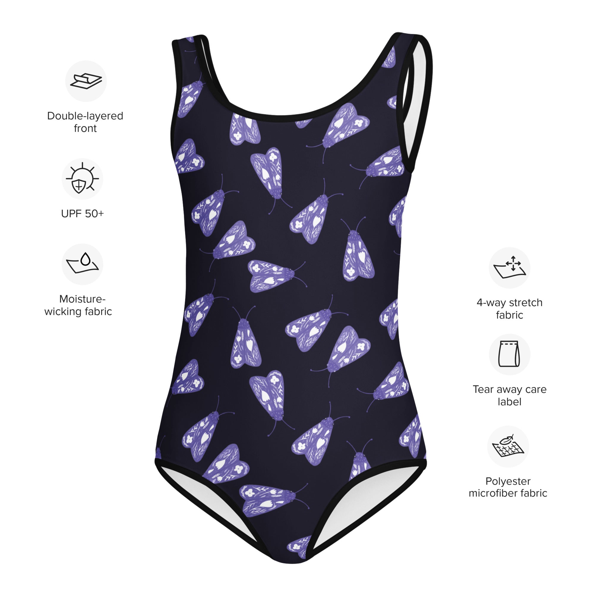 Girls buttery soft navy blue one-piece swimsuit with purple moth pattern black trim and upf 50+ protection
