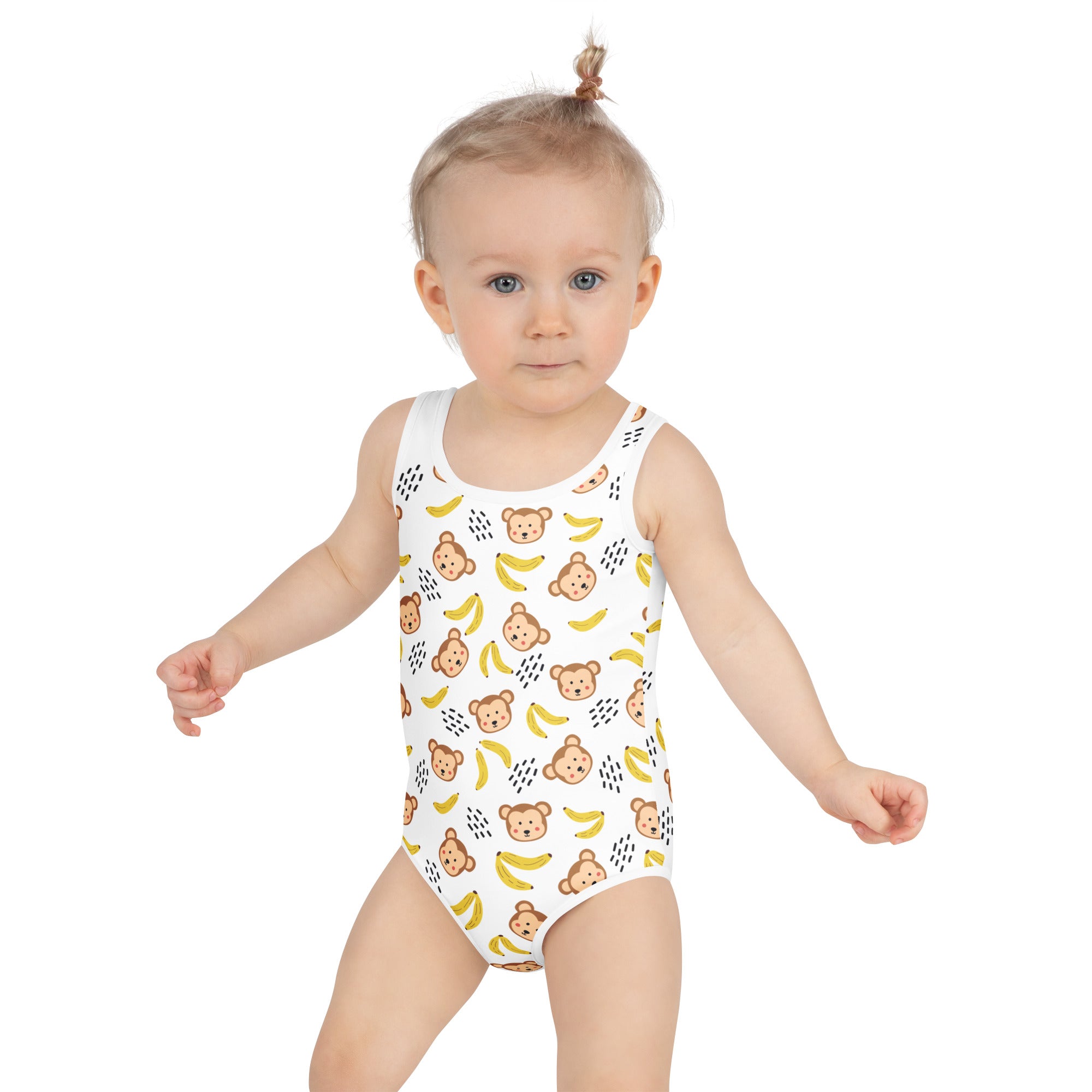 Girls monkeys and bananas buttery soft white swimsuit with upf 50 plus featuring teddy bear and banana pattern