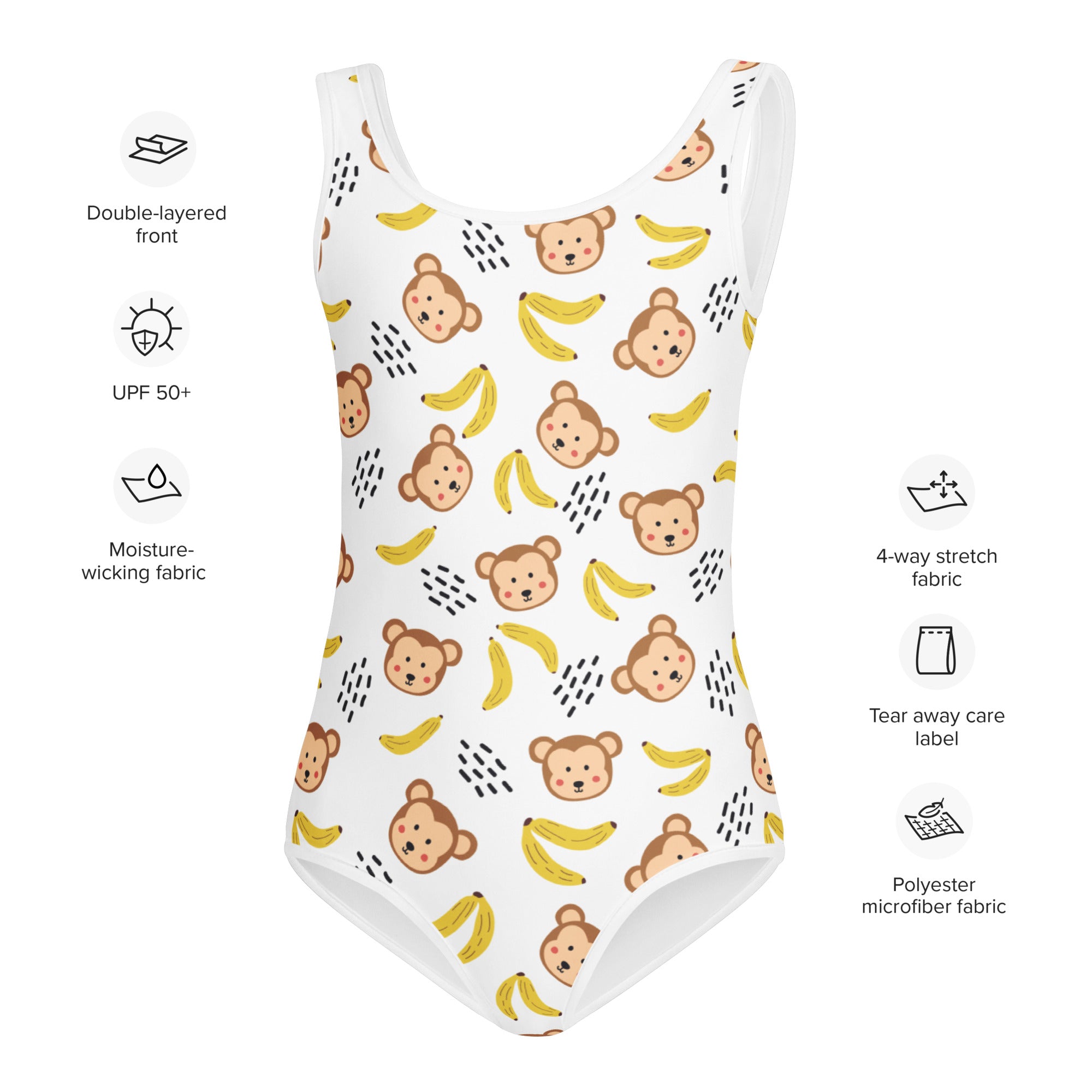 Girls monkeys and bananas buttery soft white one-piece swimsuit with playful pattern made from polyester microfiber with upf 50+