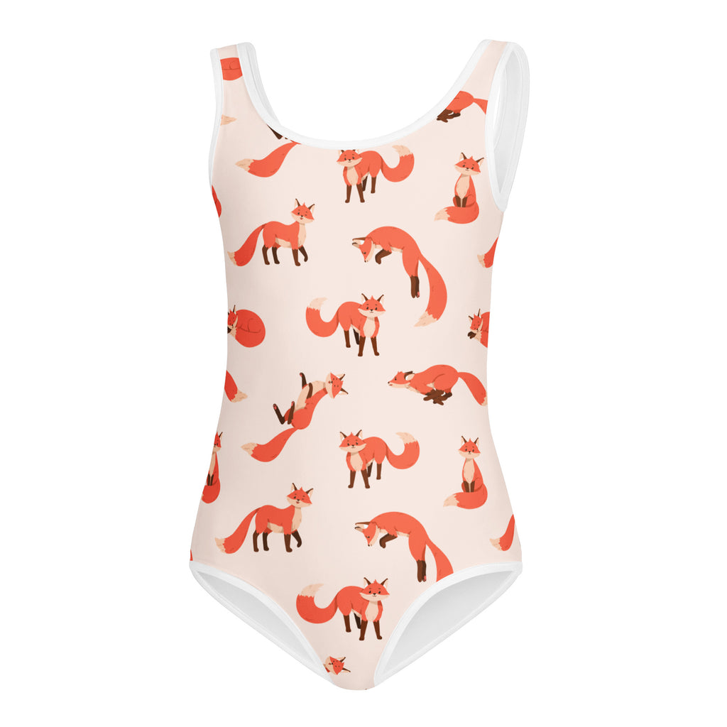 Girls fox buttery soft leotard in peach with red fox print and white trim quick drying for dance and gymnastics