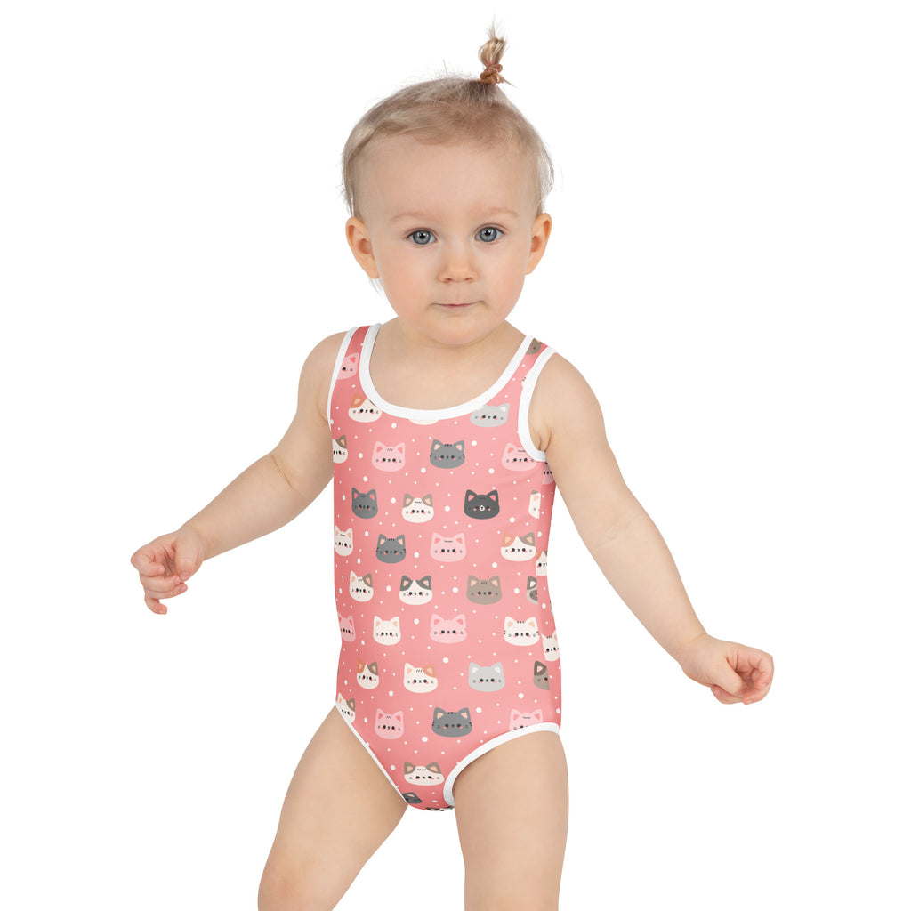 Girls cute pink one-piece swimsuit with colorful cartoon cat faces white trim buttery soft fabric upf 50+