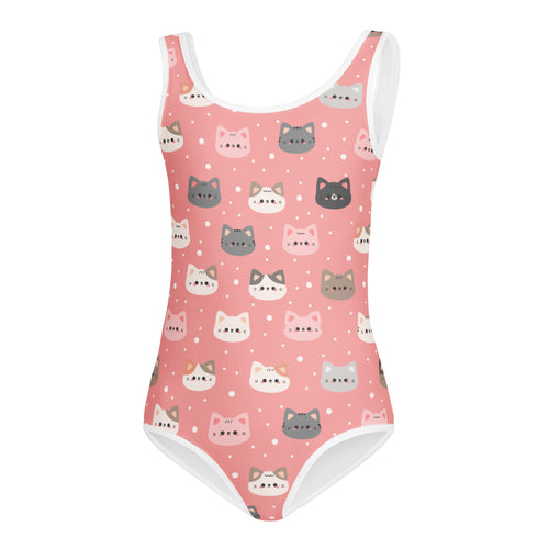 Girls cute pink cat faces buttery soft quick drying one-piece swimsuit with cartoon cat and polka dot pattern for dance and gymnastics