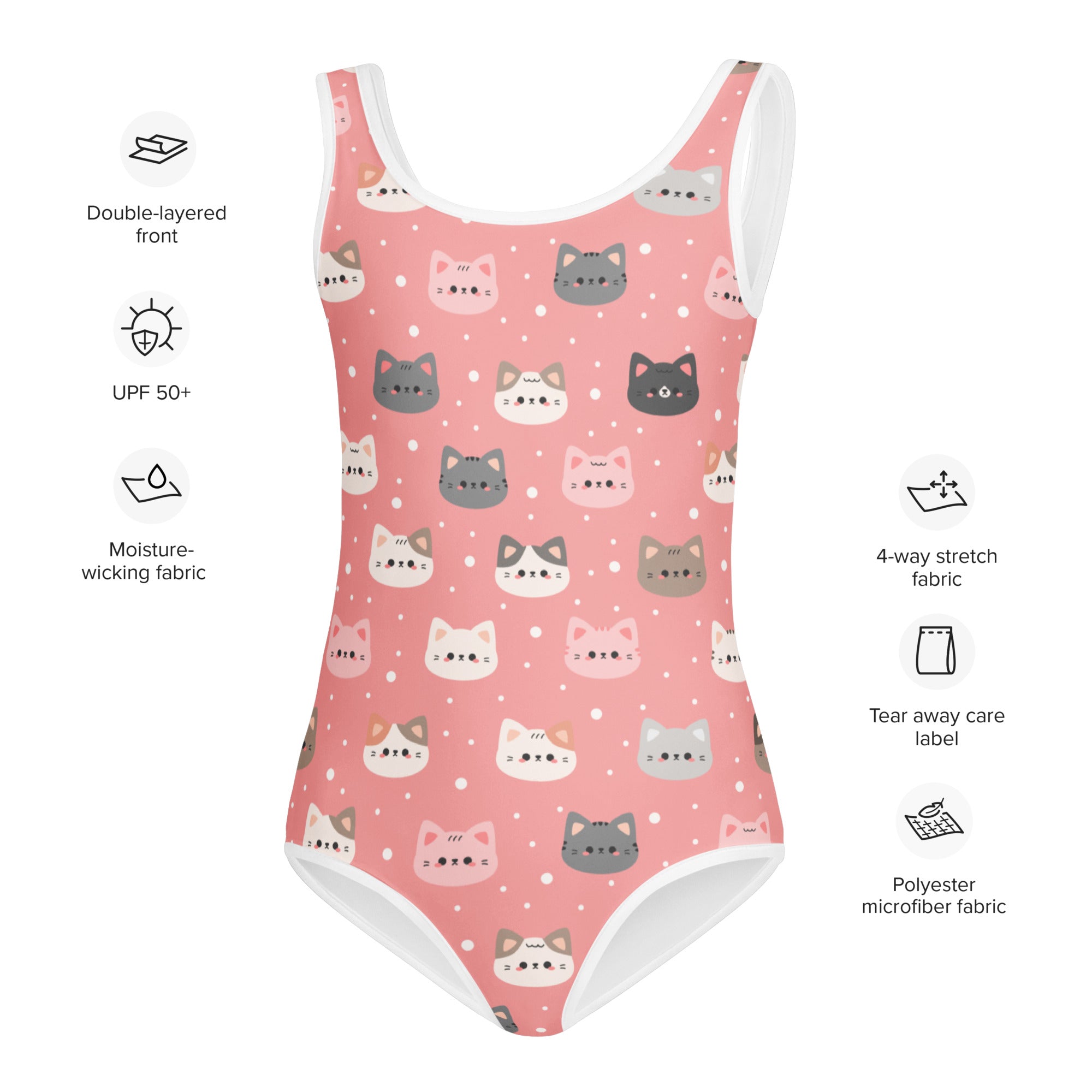 Girls cute pink cat faces buttery soft swimsuit with UPF 50 plus featuring playful gray white and pink cartoon cats on dots