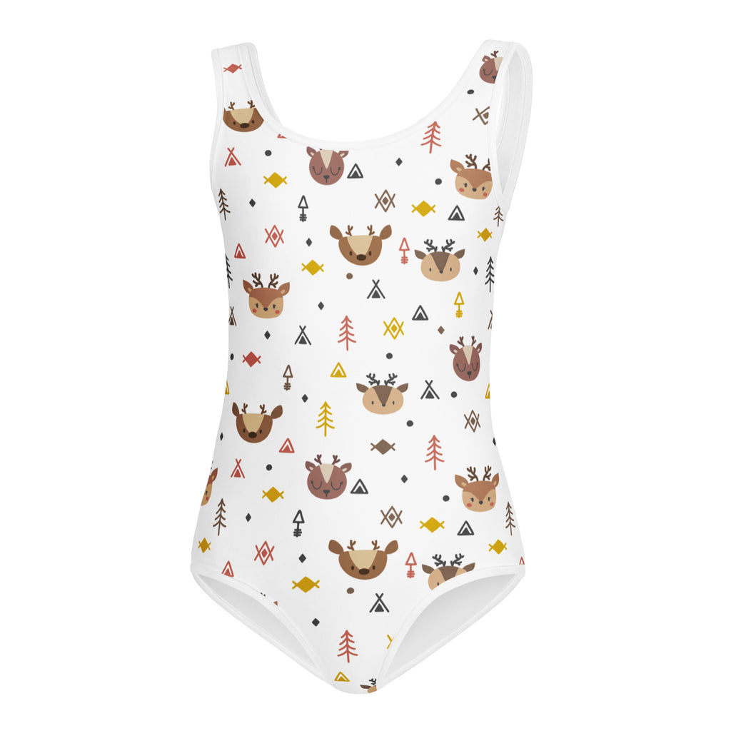 White girls woodland reindeer buttery soft leotard with deer fish and geometric pattern quick drying for dance and gymnastics