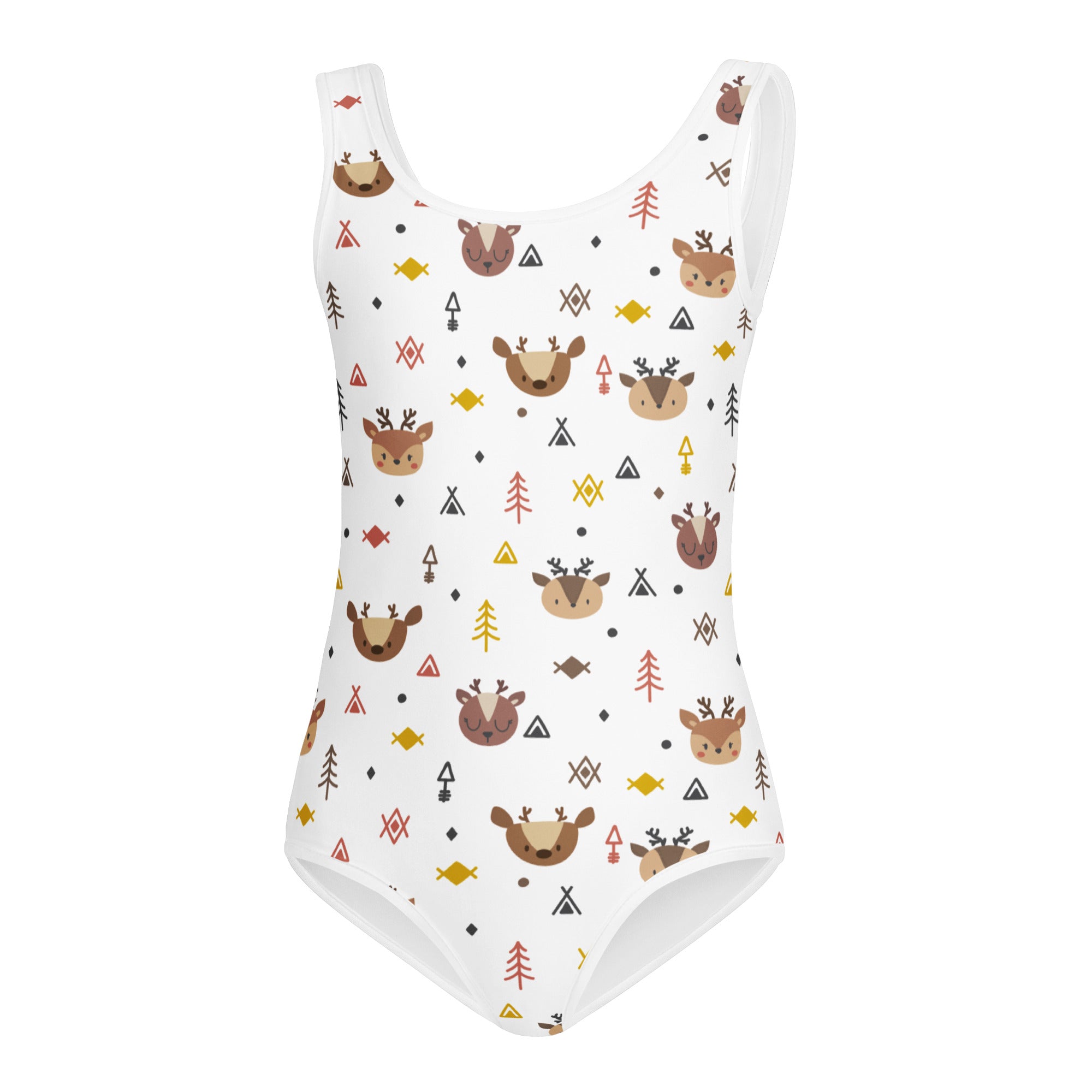White girls woodland reindeer buttery soft leotard with deer fish and geometric pattern quick drying for dance and gymnastics