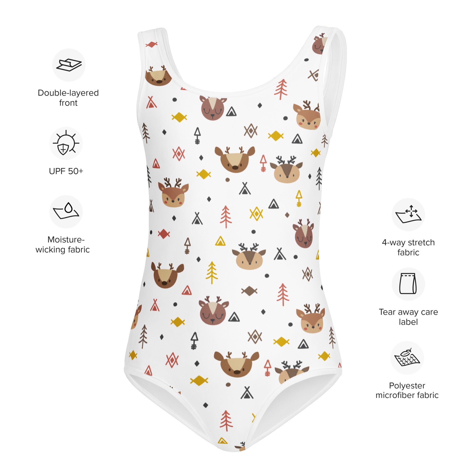 White girls one-piece leotard with brown deer faces yellow fish and geometric patterns quick drying for dance and gymnastics