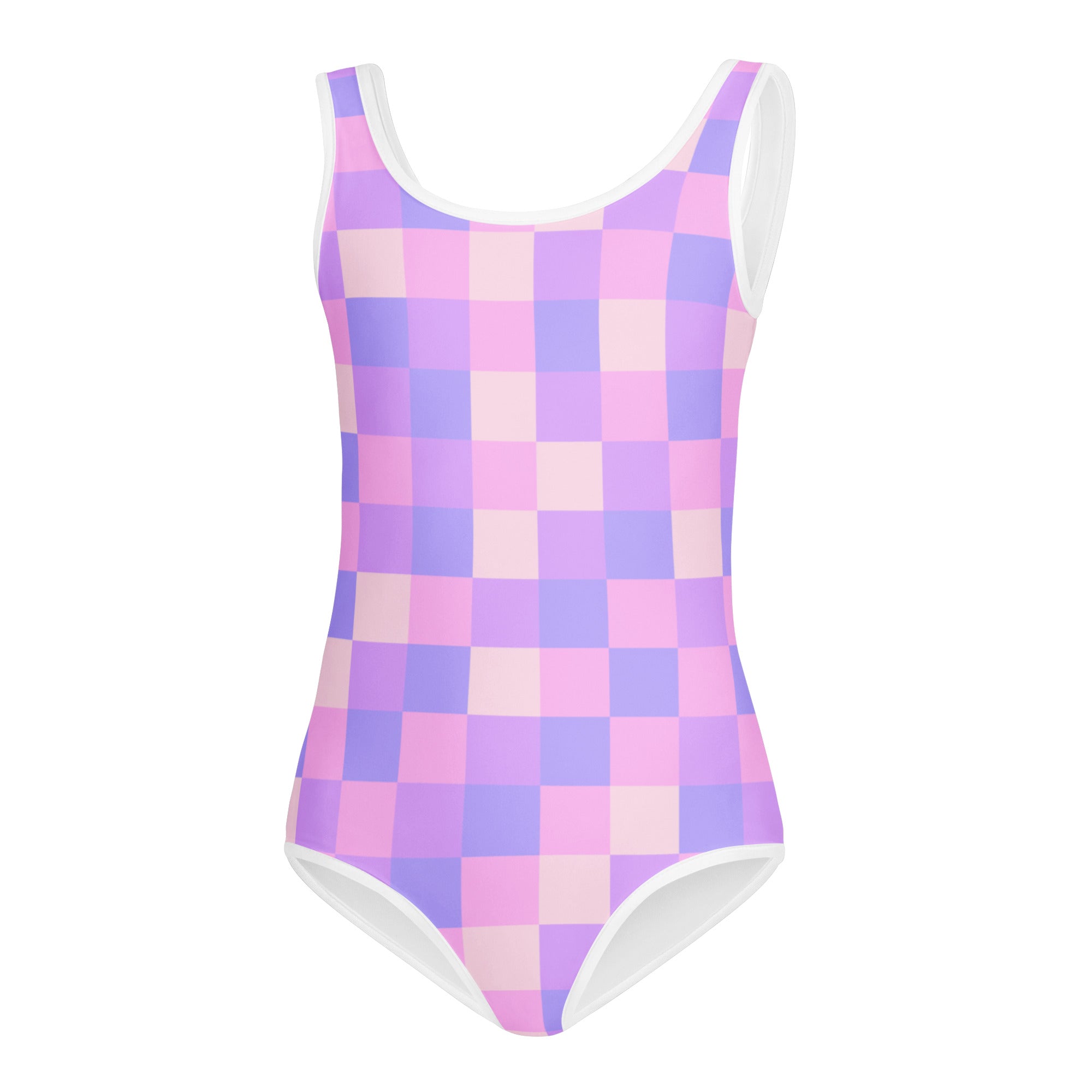 Girls purple checkered buttery soft quick drying leotard in pastel pink and lavender with white trim for dance and gymnastics