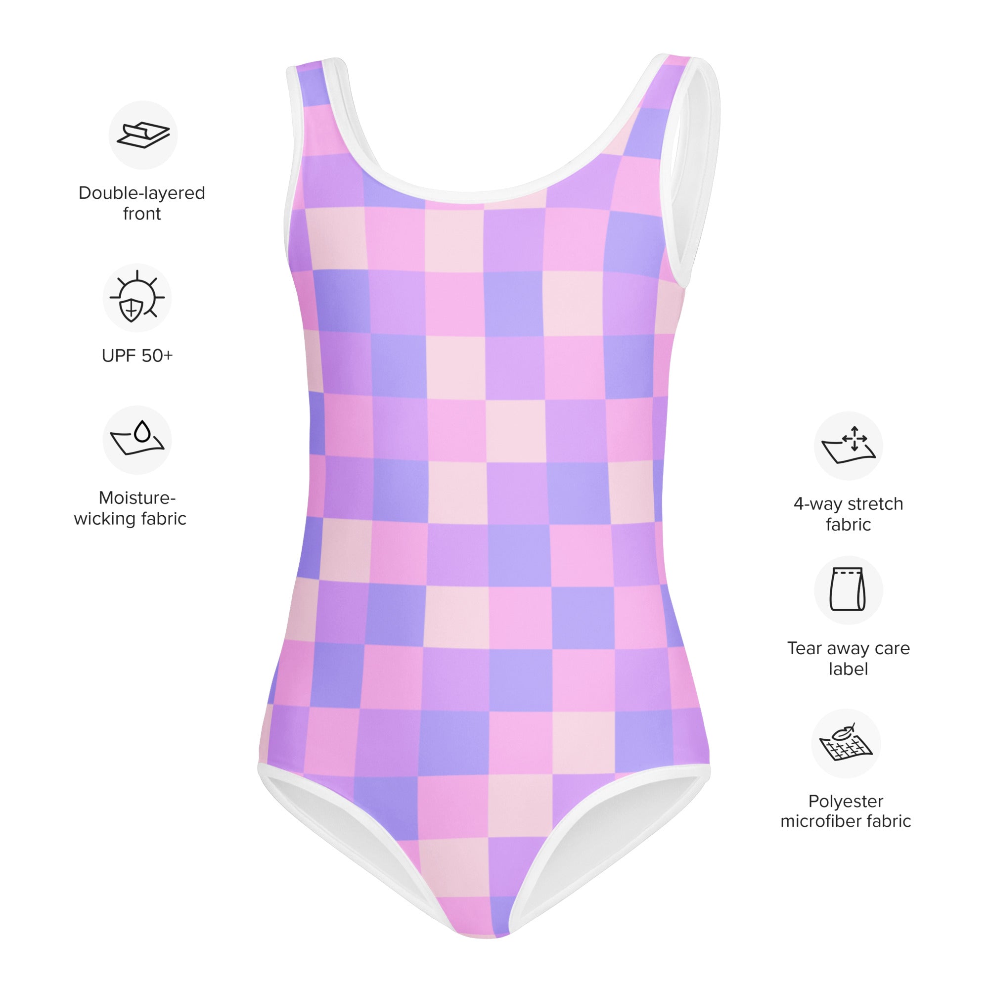 Girls pastel purple checkered buttery soft one-piece swimsuit with pink and purple pattern and white trim, UPF 50+ protection