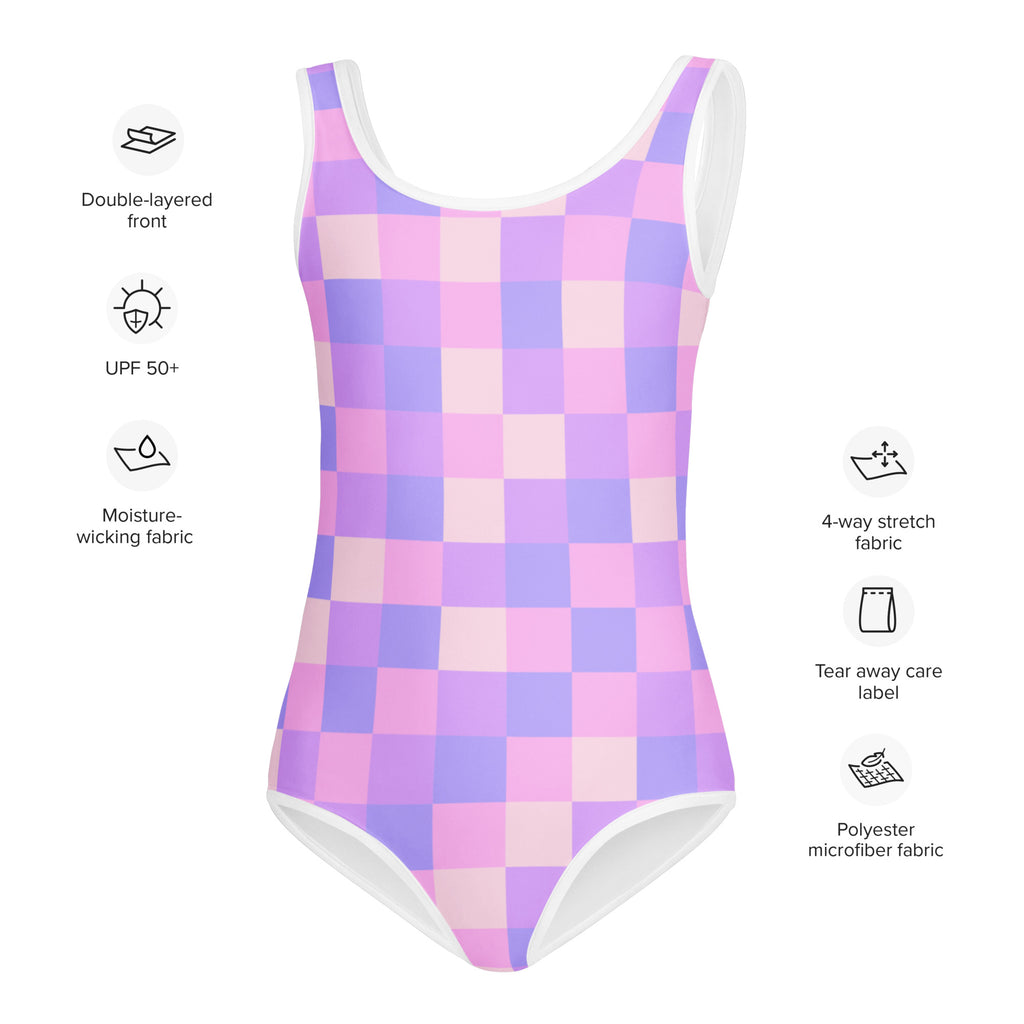 Girls purple checkered buttery soft quick drying leotard with white trim for dance and gymnastics