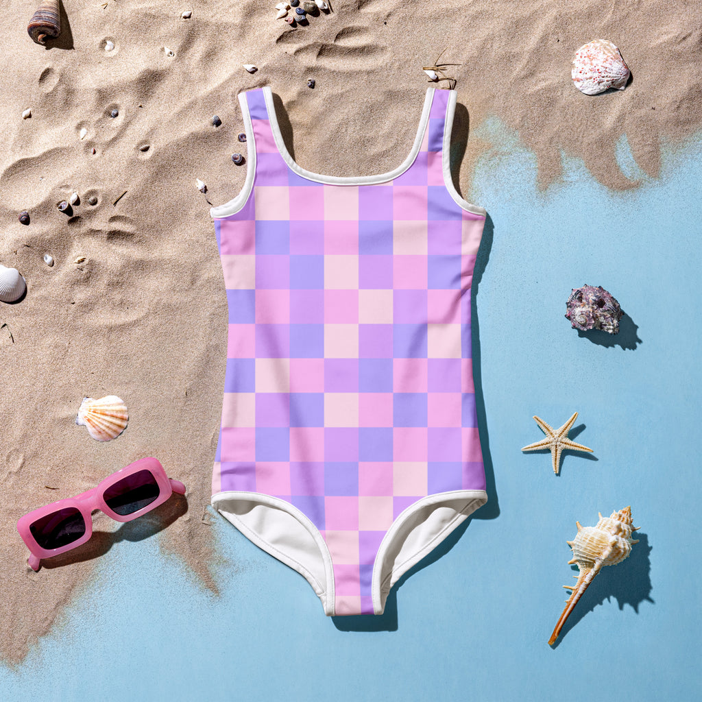 Girls pastel purple checkered buttery soft one-piece swimsuit with white trim and upf 50 plus sun protection