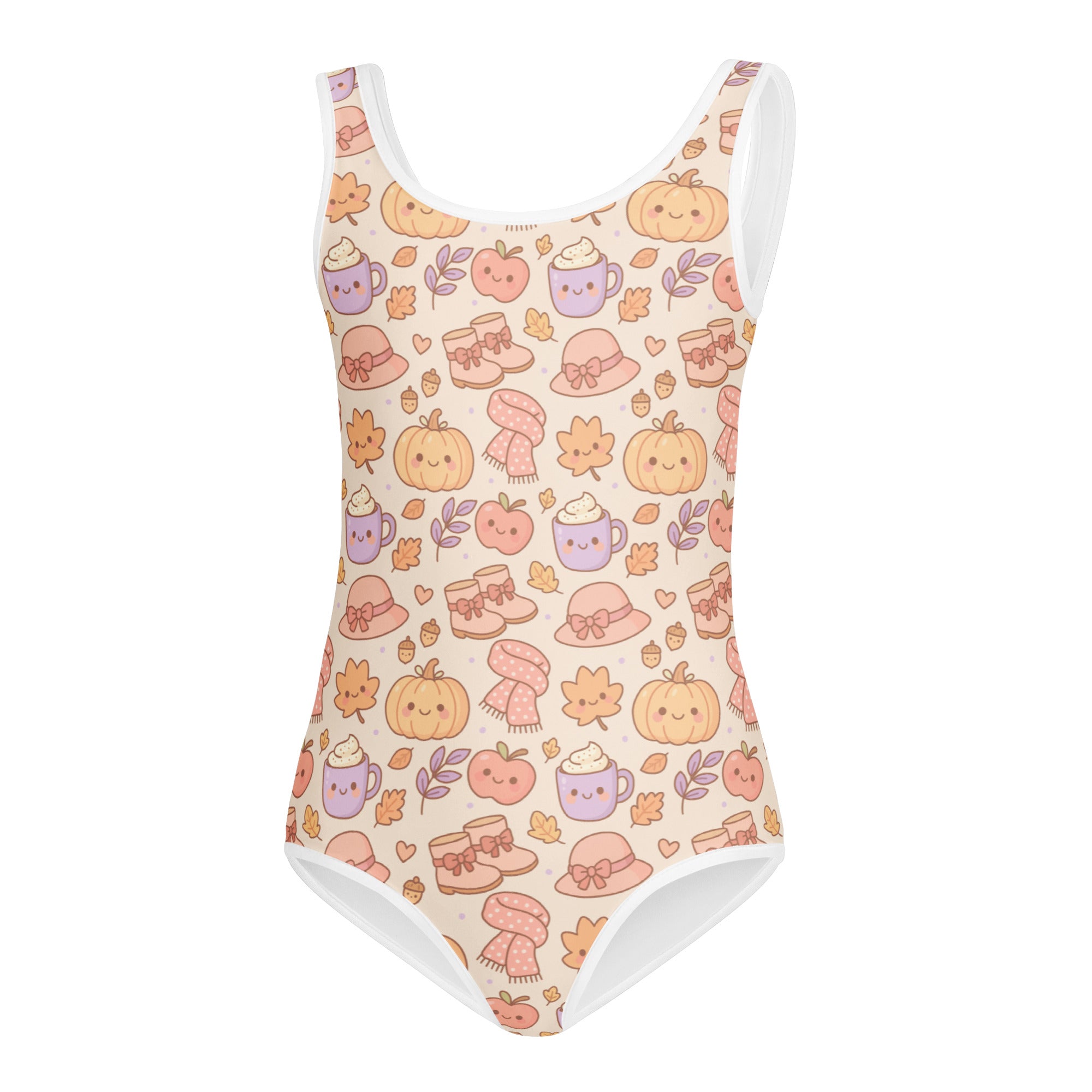 Girls cute fall pumpkin buttery soft sleeveless one-piece swimsuit in beige with kawaii autumn pattern for dance and gymnastics
