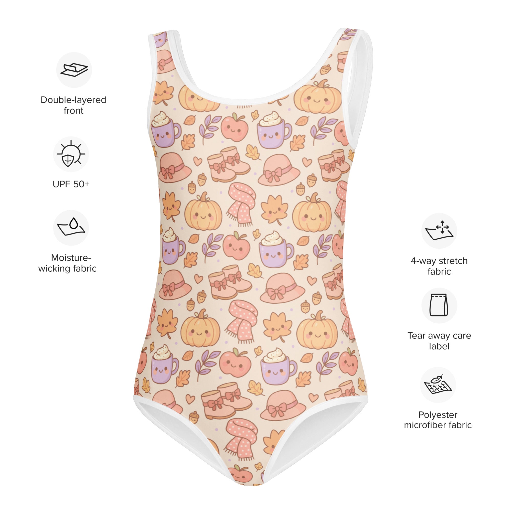 Beige buttery soft girls one-piece swimsuit with upf 50 plus featuring playful autumn pumpkins and cozy fall icons