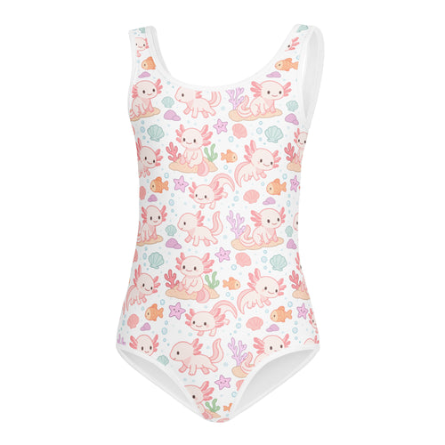 White girls one-piece swimsuit with pink axolotls orange fish coral accents quick drying for dance and gymnastics