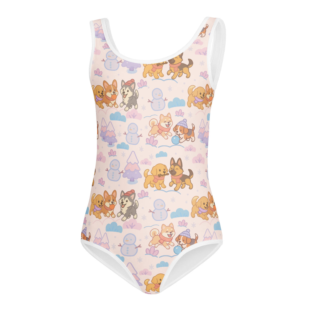 A pink girls winter puppy buttery soft leotard with white trim and cartoon dog winter scenes for dance and gymnastics