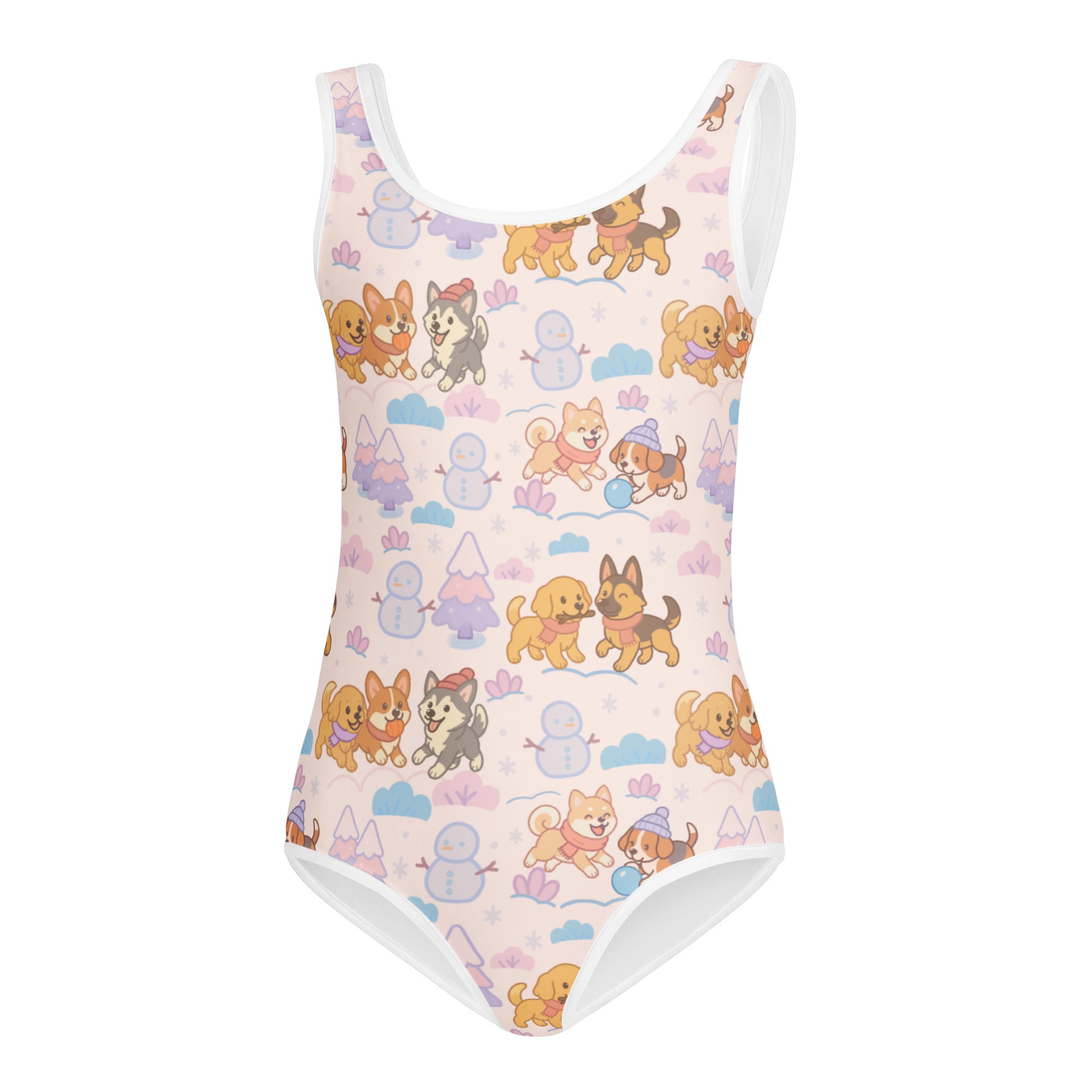 A pink girls winter puppy buttery soft leotard with white trim and cartoon dog winter scenes for dance and gymnastics