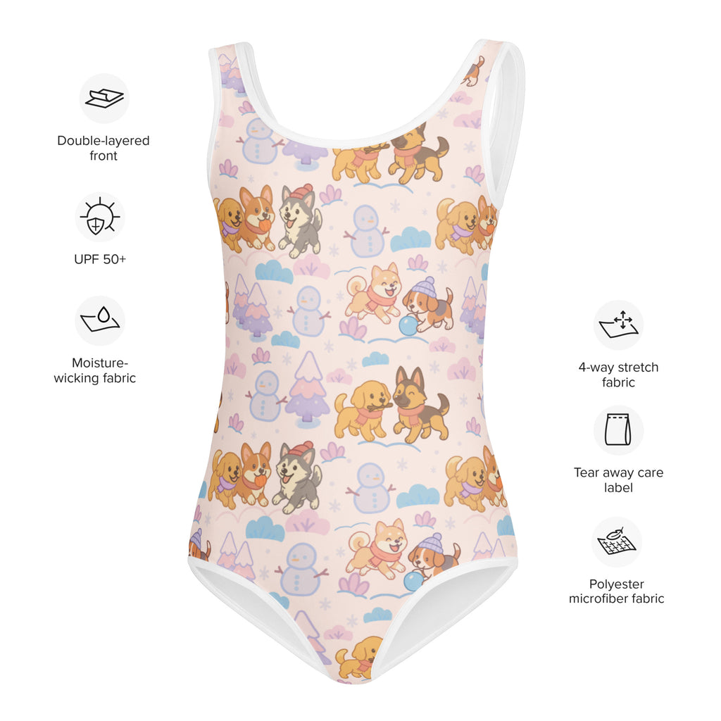 Girls winter dog buttery soft pink one-piece swimsuit with cartoon dogs snowmen and white trim upf 50+