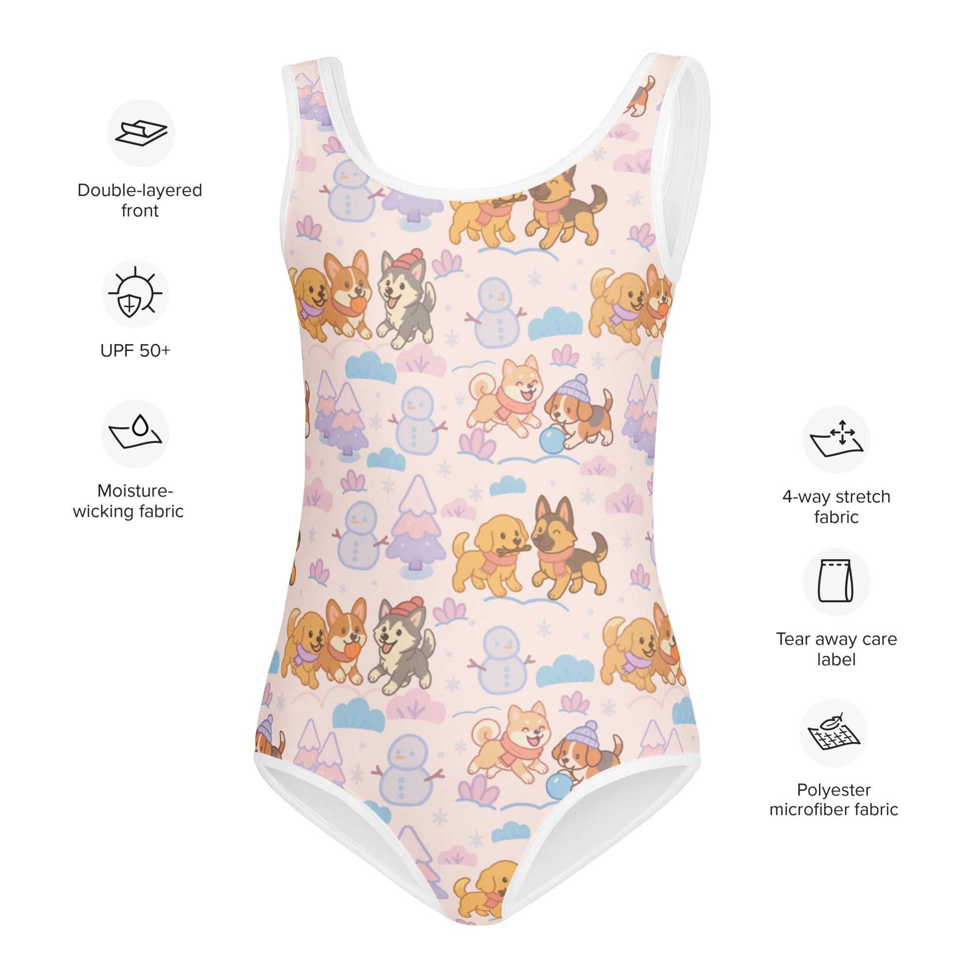 Girls winter puppy buttery soft pink one-piece swimsuit with cartoon dogs and snowmen quick drying for dance and gymnastics