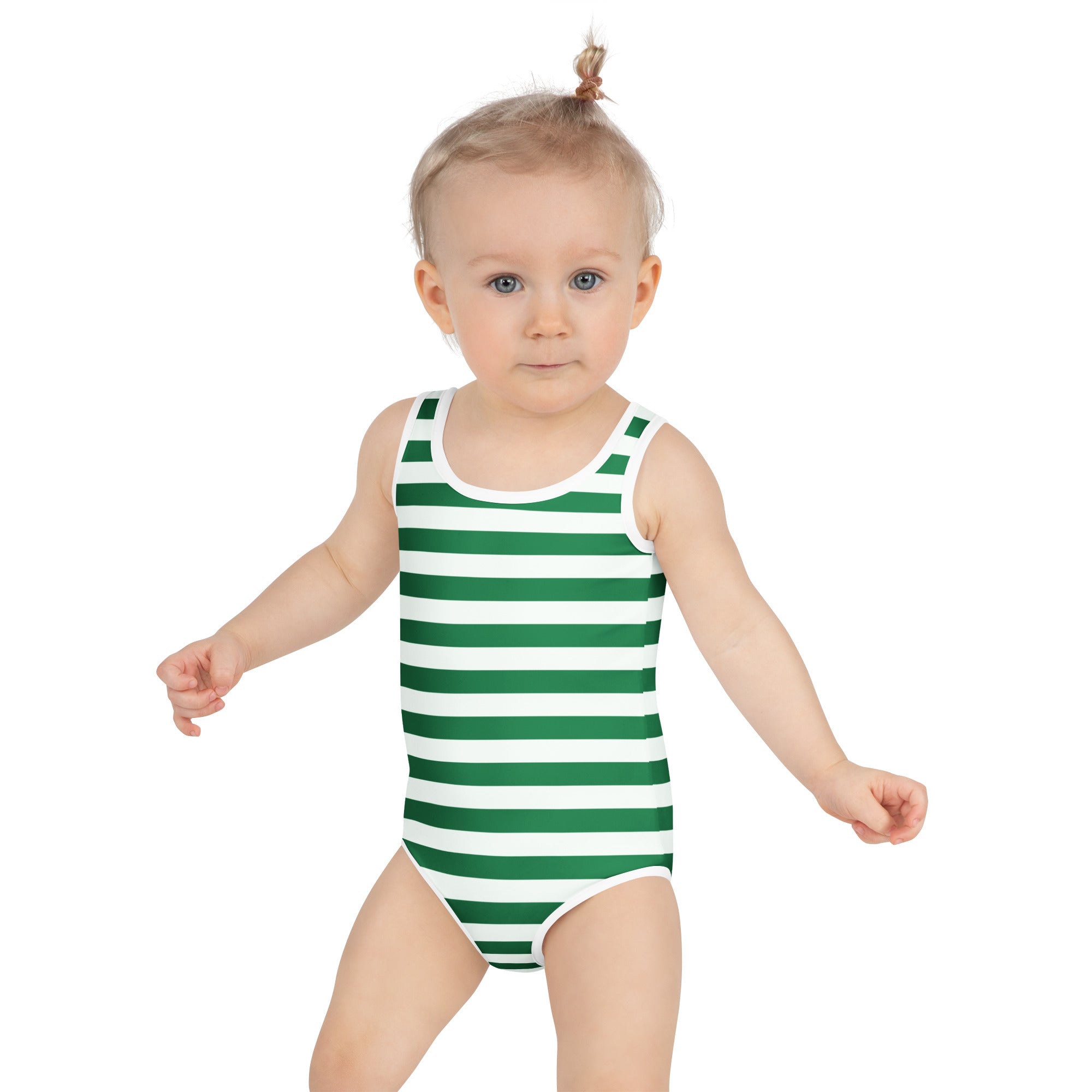 Girls green and white buttery soft one-piece swimsuit with UPF 50 plus for toddlers in horizontal stripes