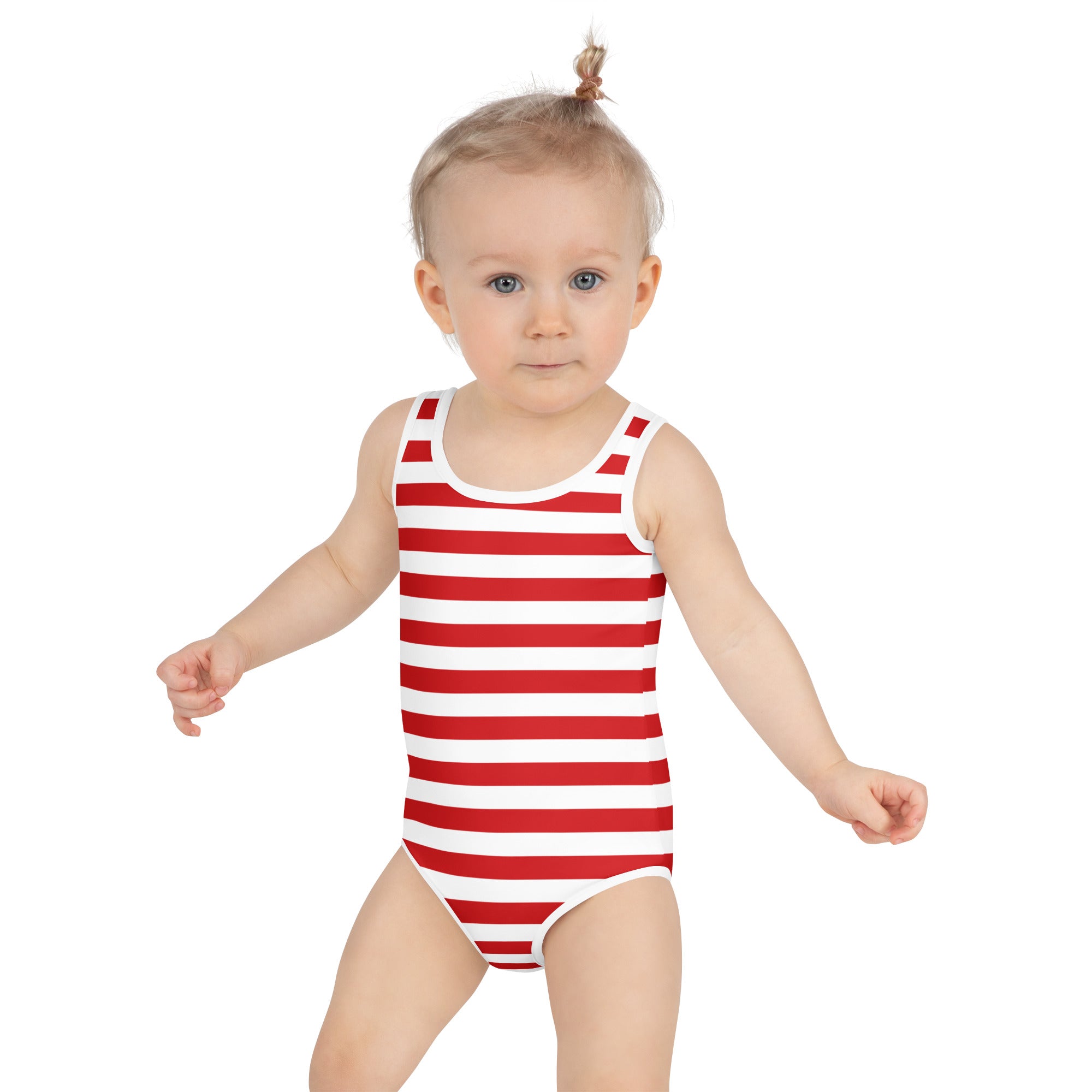 Girls red and white buttery soft one-piece swimsuit for toddlers with UPF 50 plus sun protection
