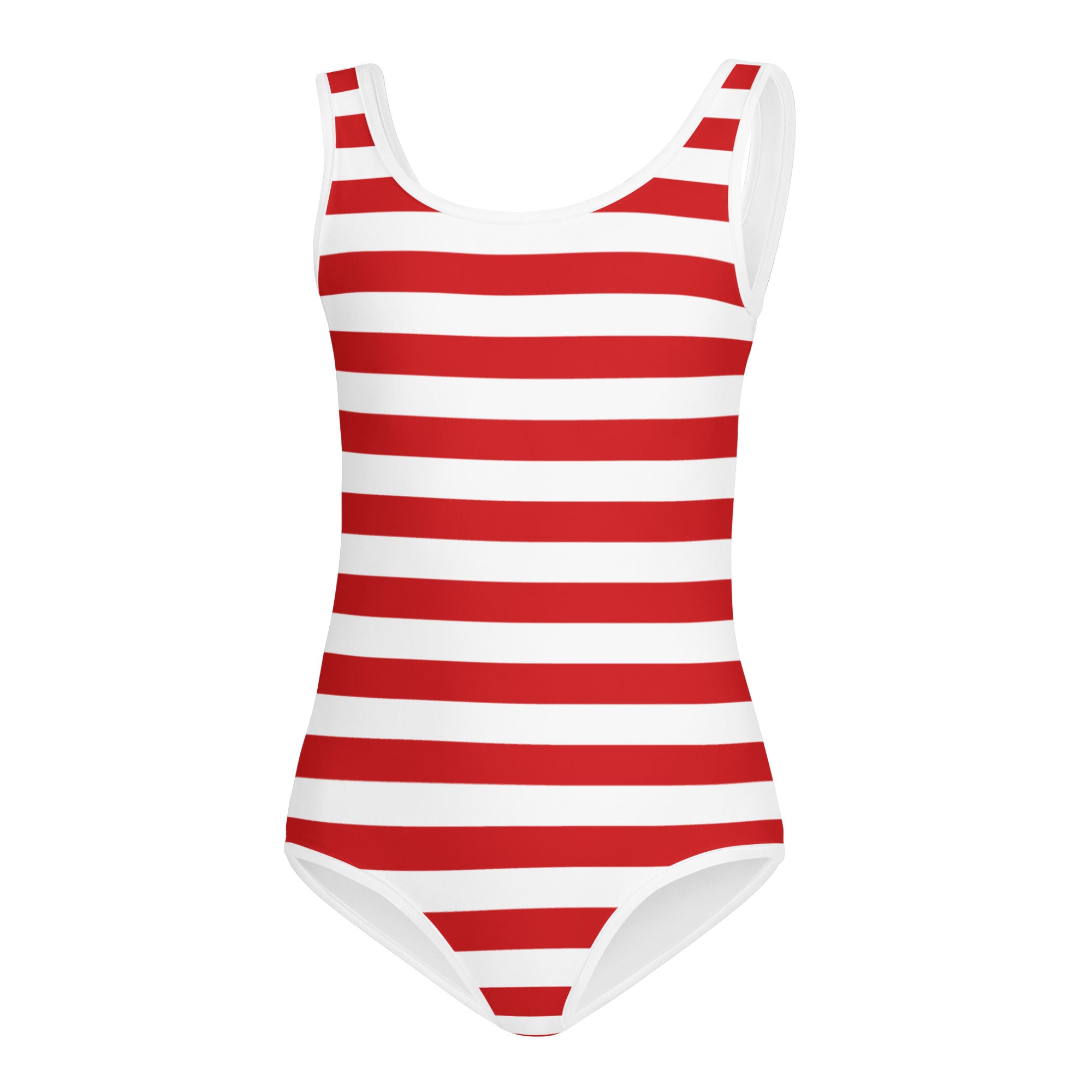 Girls red and white striped buttery soft quick drying leotard with scoop neckline and thin straps for dance and gymnastics