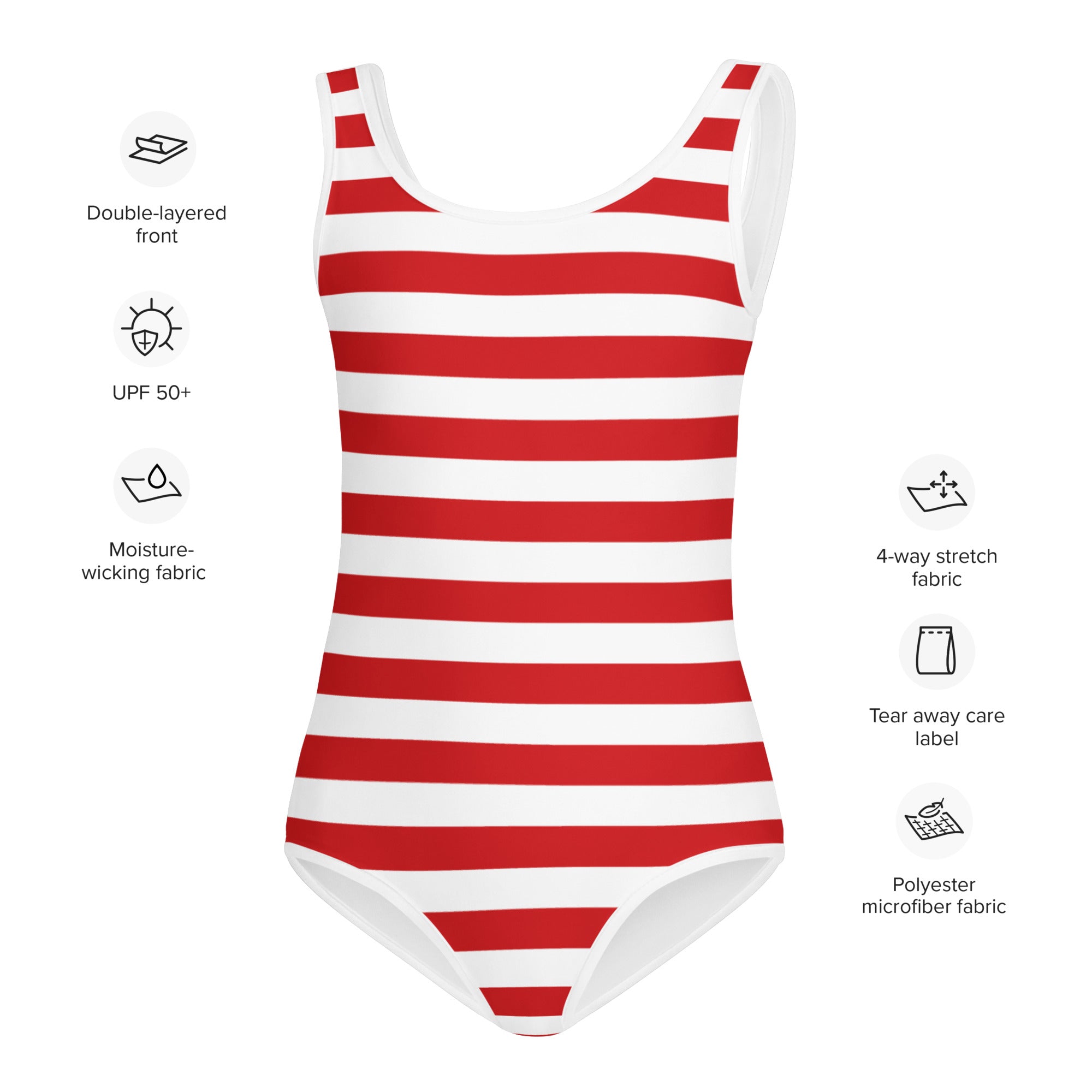 Girls red and white horizontally striped buttery soft swimsuit made of polyester microfiber with UPF 50+ protection