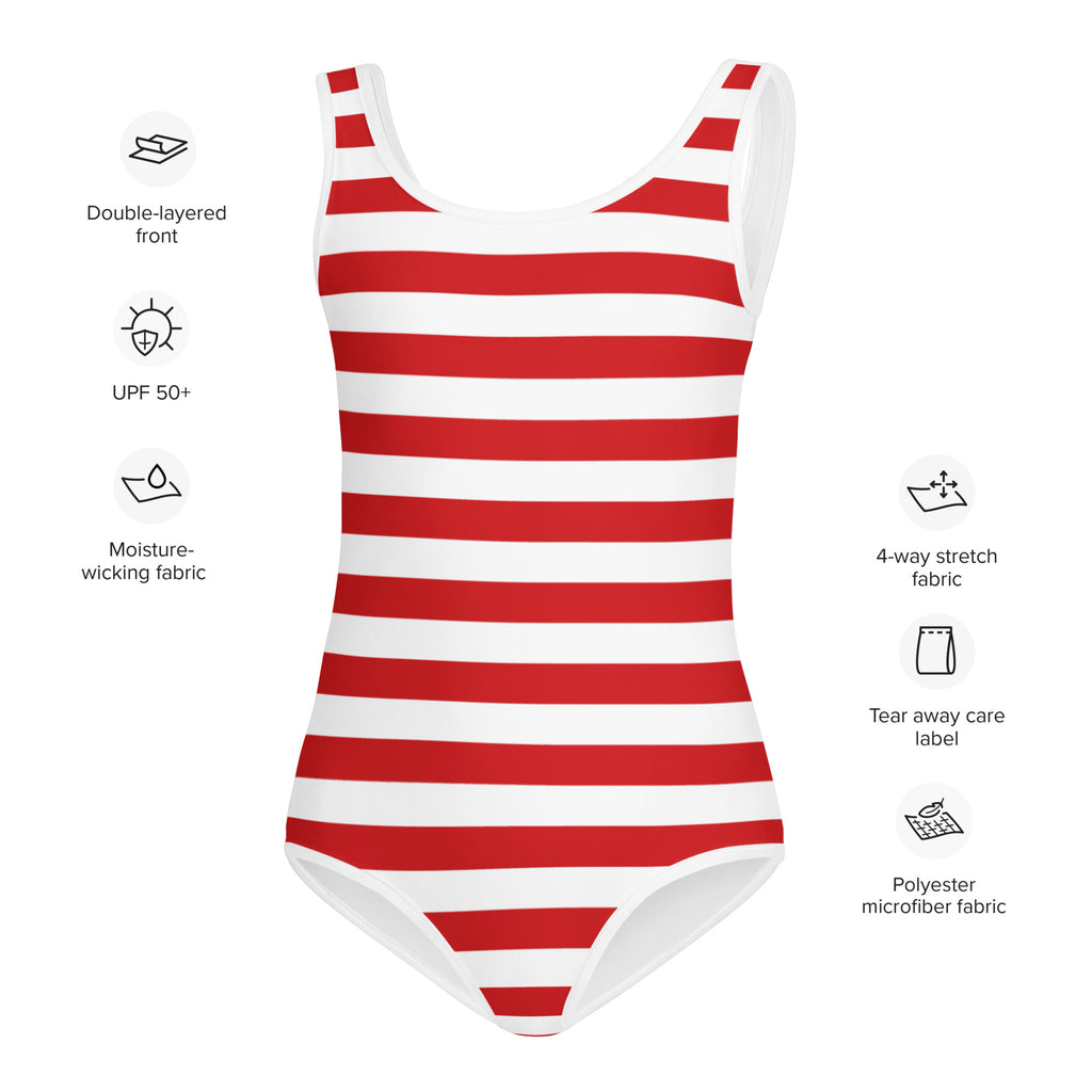Girls red and white striped one-piece swimsuit made of buttery soft polyester microfiber for dance and gymnastics