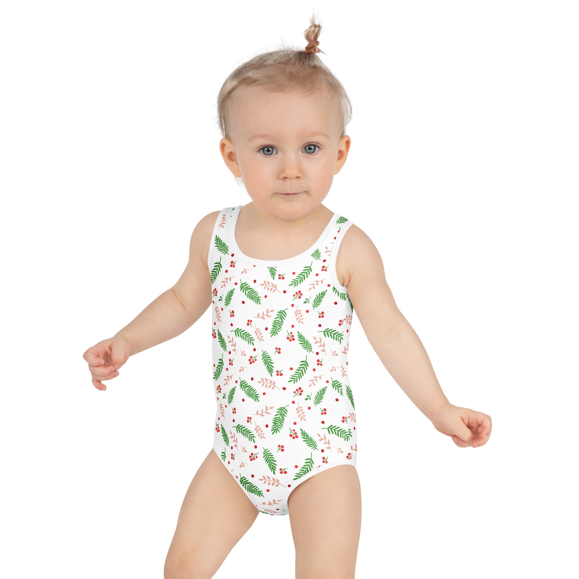 Girls holiday leaf and berry buttery soft white one-piece swimsuit with green fern red berry pattern and upf 50+ protection