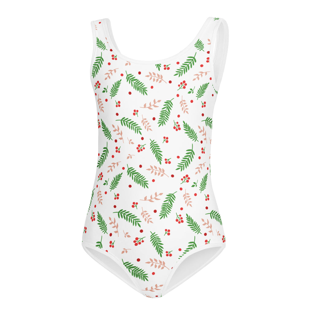 White girls holiday holly buttery soft quick drying leotard with green and pink leaves and red berries pattern