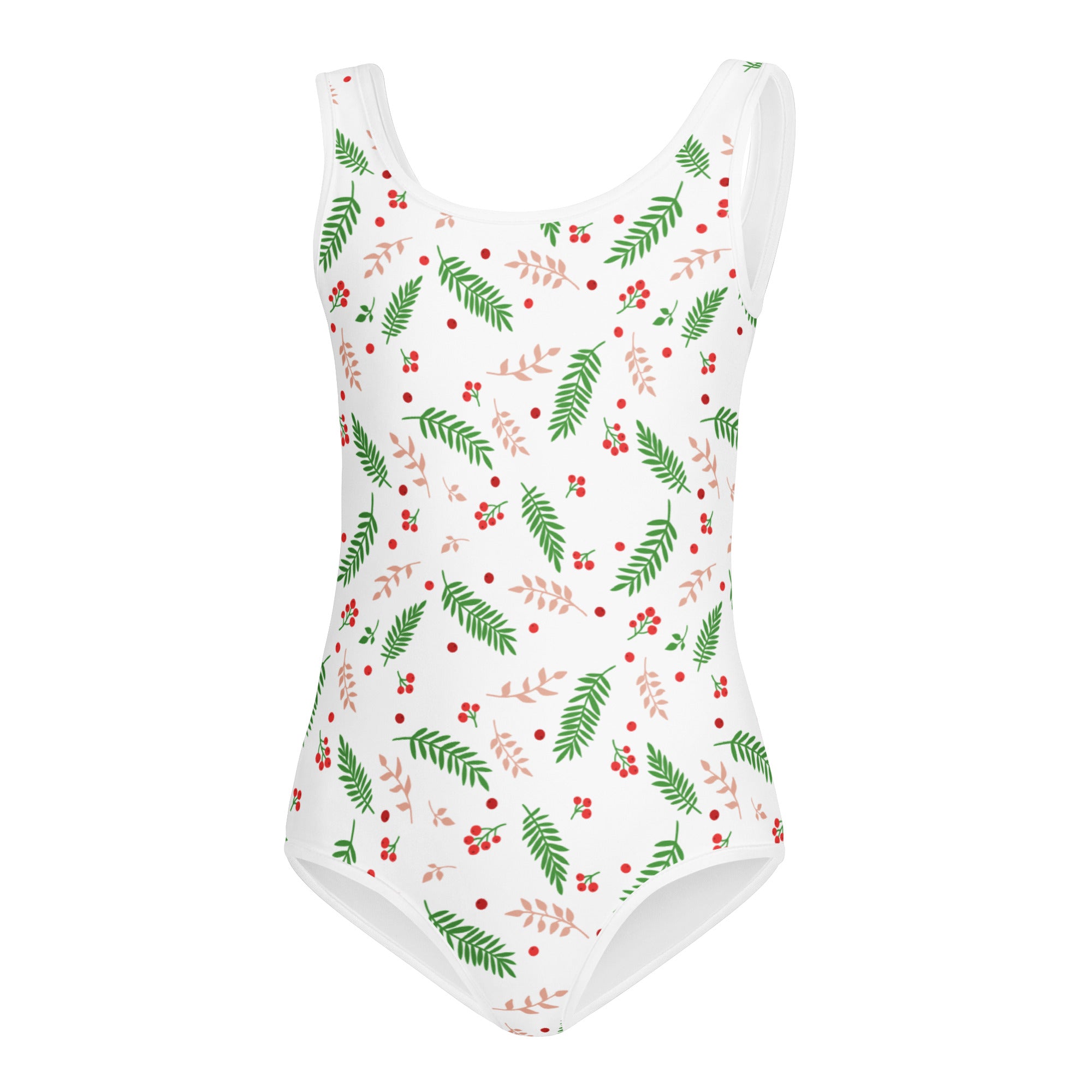 White girls holiday holly buttery soft quick drying leotard with green and pink leaves and red berries pattern