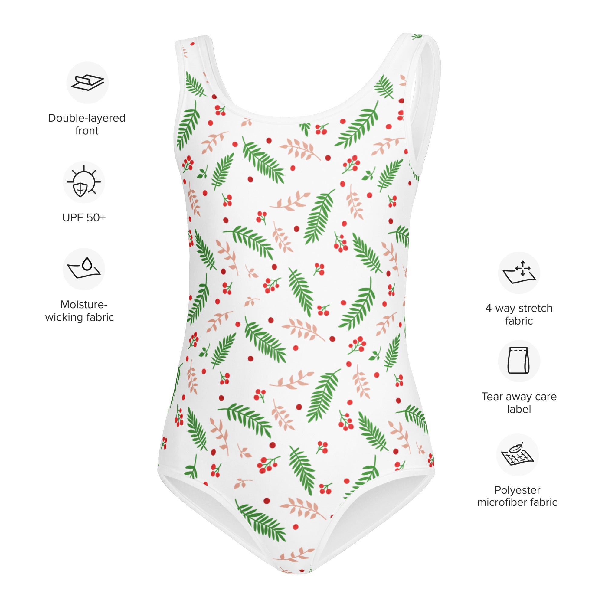 Girls holiday holly buttery soft white one-piece swimsuit with green pink leaves red berries polyester microfiber